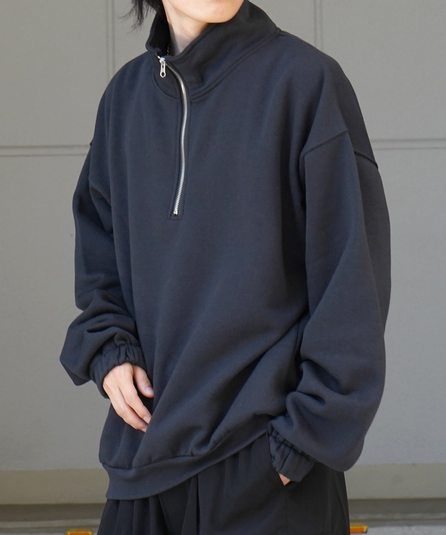 裾リブ ボリュームシルエット ビッグシルエット 裏起毛ハーフジッププルオーバースウェット