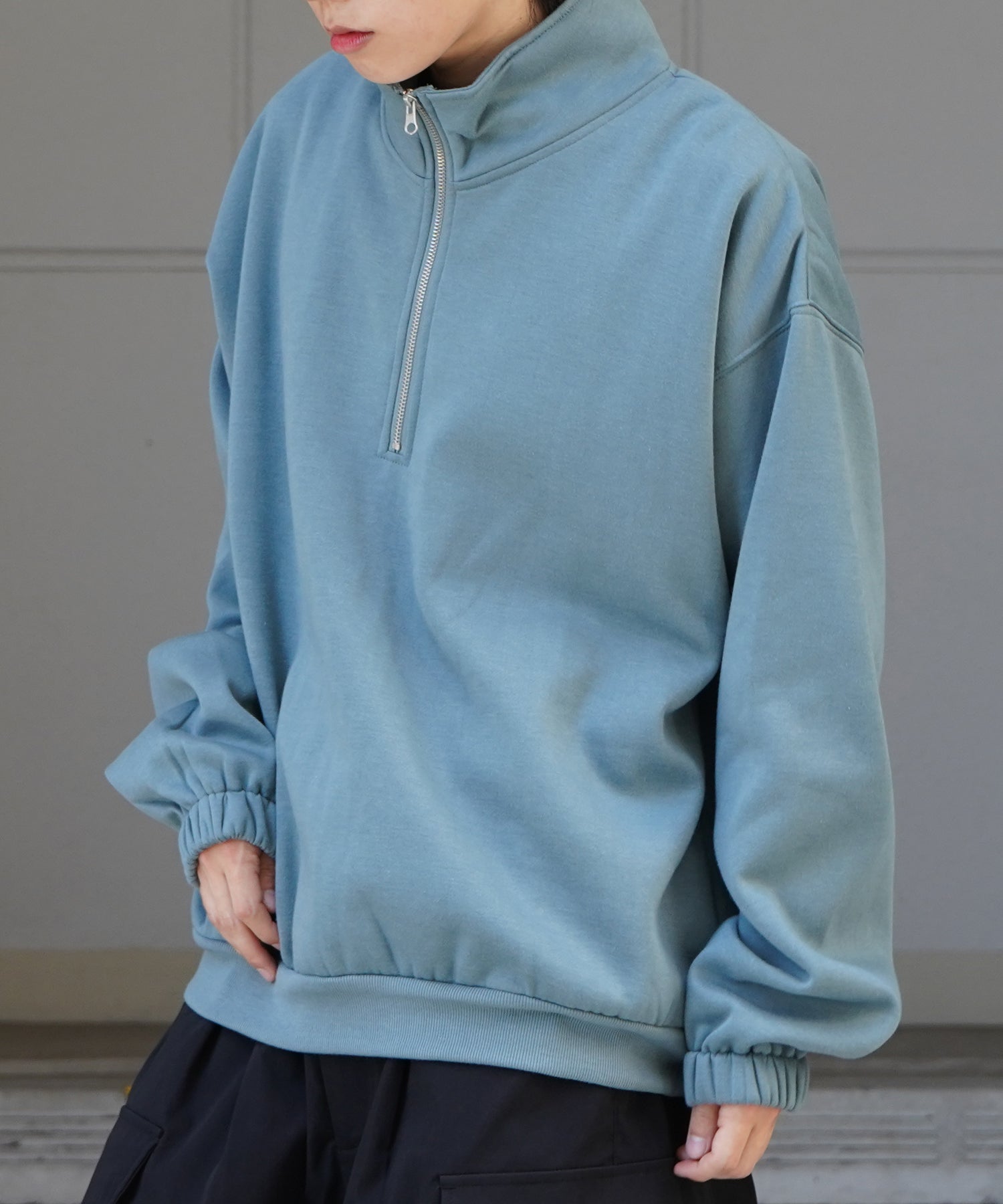 裾リブ ボリュームシルエット ビッグシルエット 裏起毛ハーフジッププルオーバースウェット