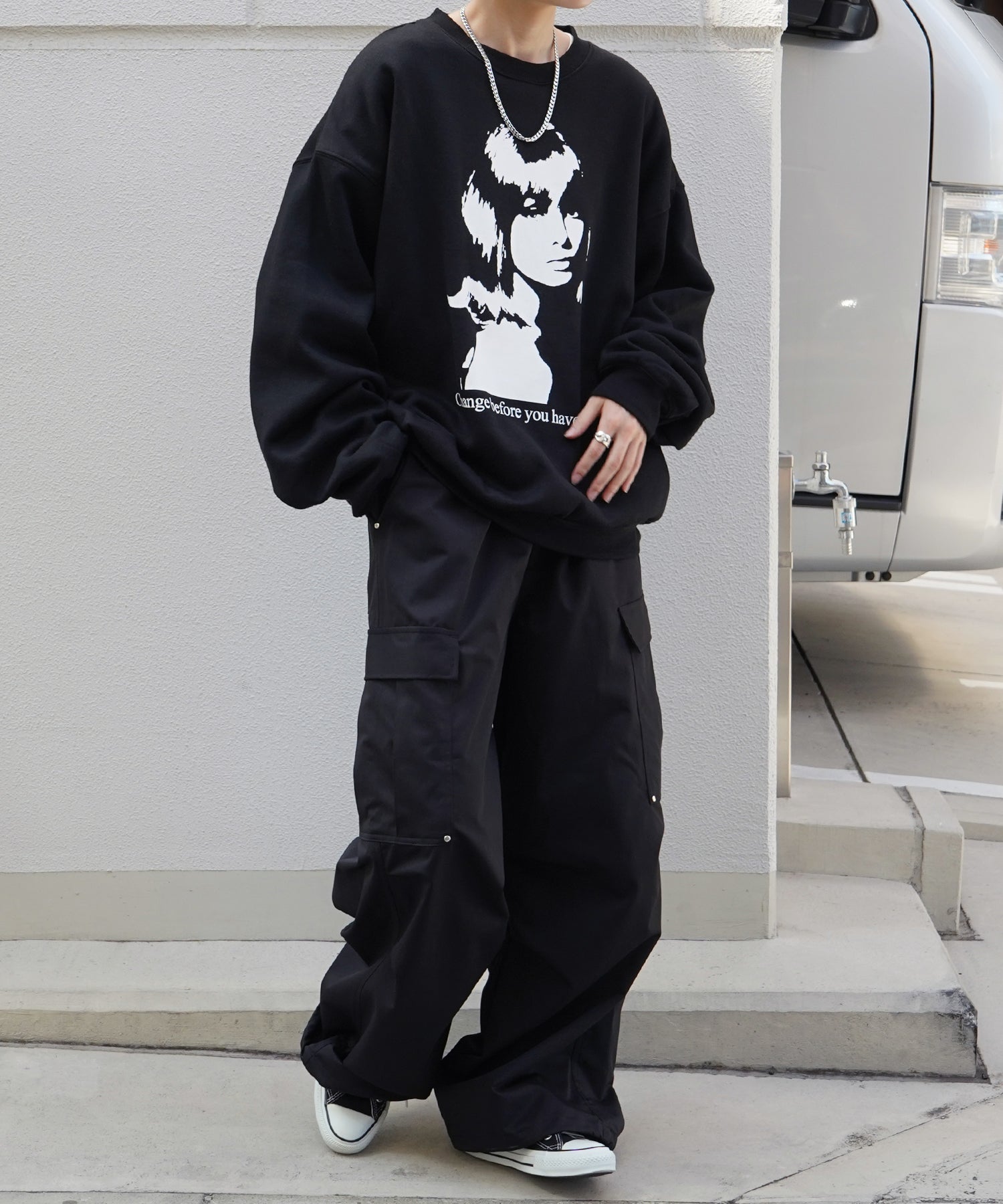 Shadowガールプリント ビッグシルエット 裏起毛プルオーバースウェット