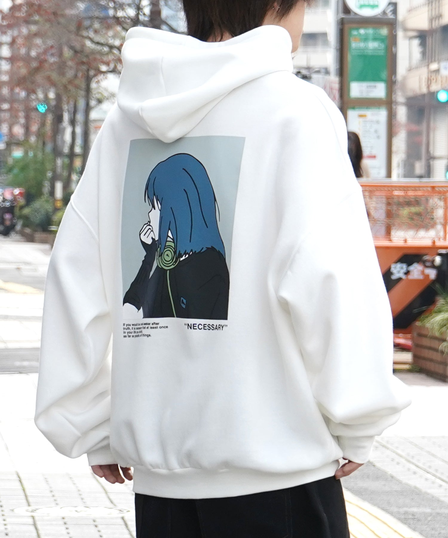 アームカバーガール イラストバックプリント / ワンポイント刺繍 ビッグシルエット プルオーバーパーカー