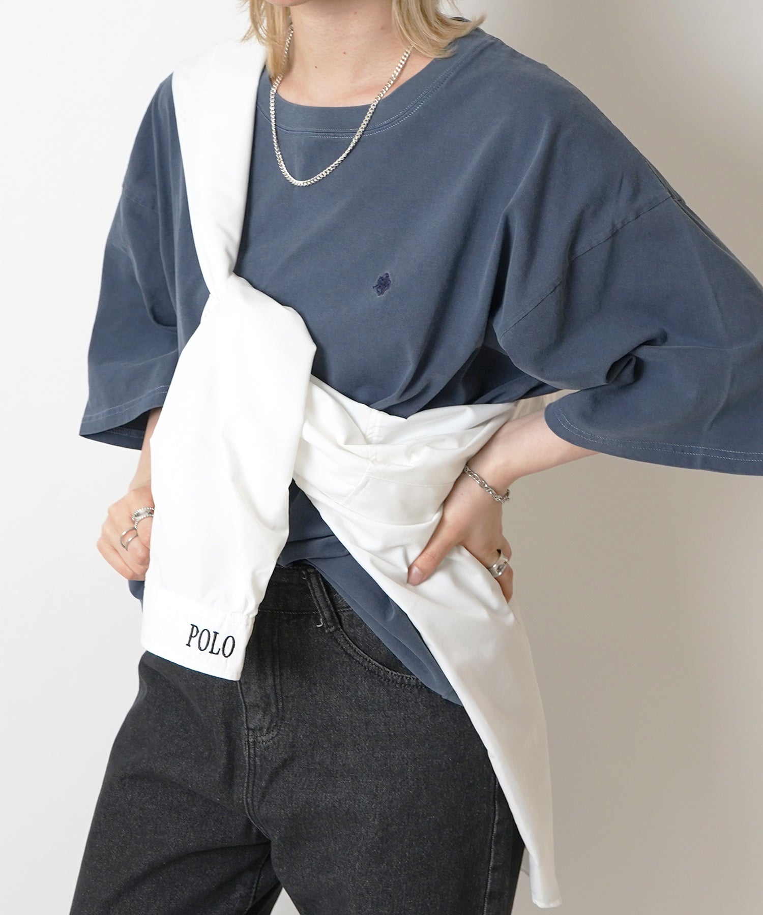 【POLO BCS】別注 ワンポイント刺繍 ピグメント加工 ビッグシルエット半袖Tシャツ