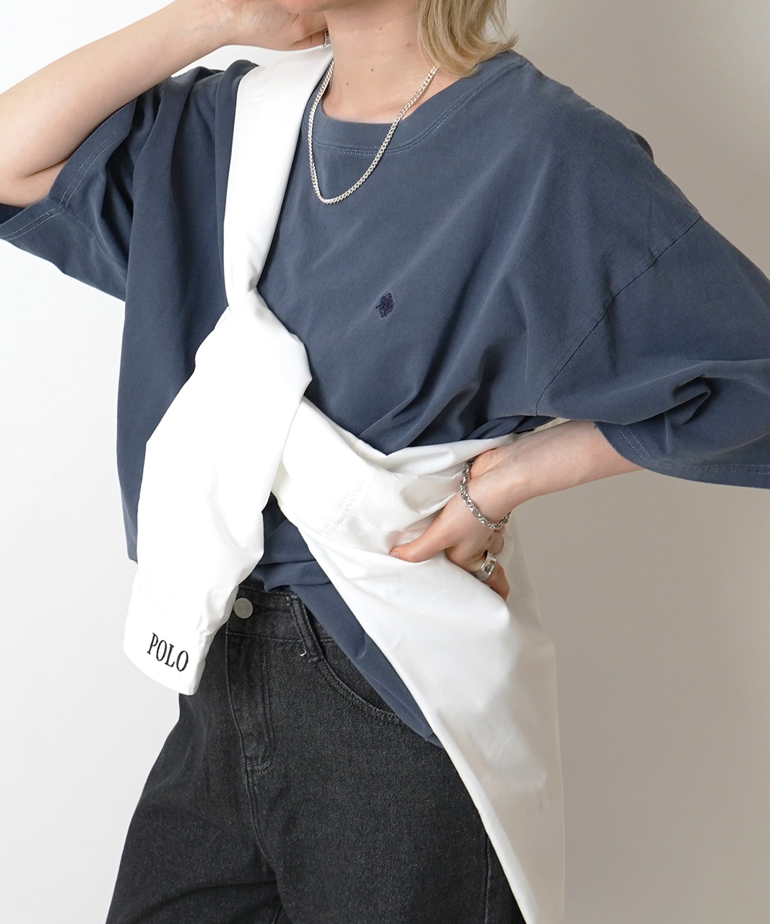 【POLO BCS】別注 ワンポイント刺繍 ピグメント加工 ビッグシルエット半袖Tシャツ