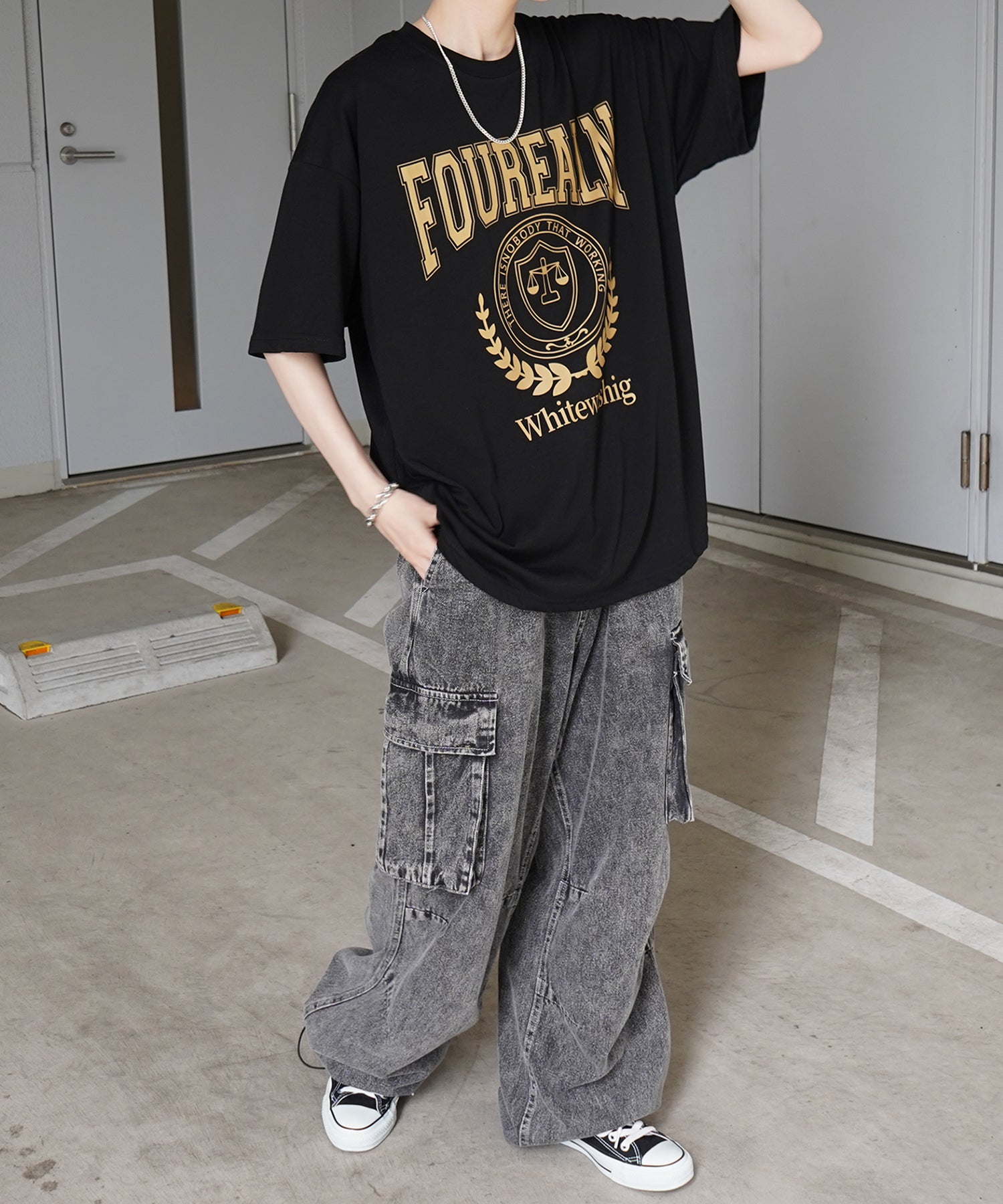 韓国ストリート ビッグシルエット カレッジプリントTシャツ