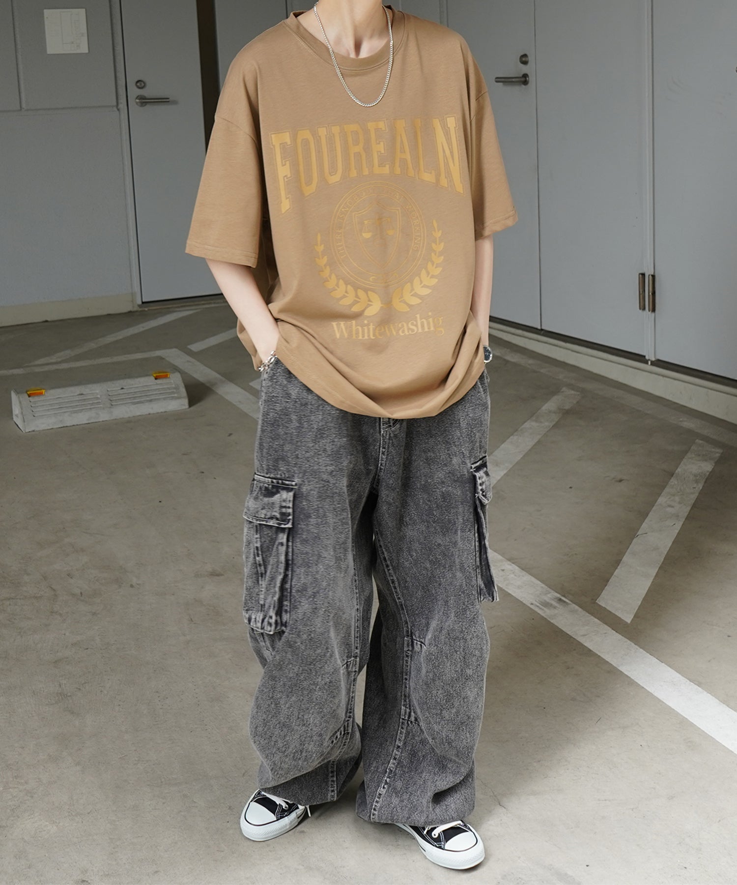 韓国ストリート ビッグシルエット カレッジプリントTシャツ