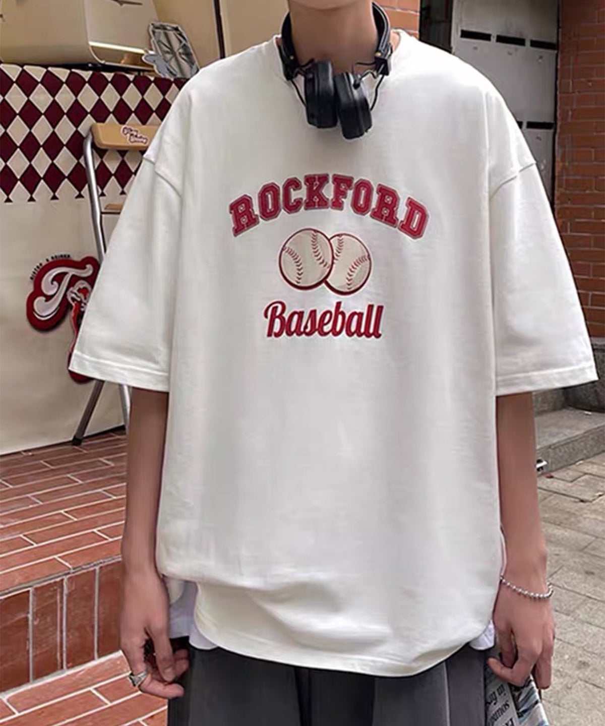 韓国ストリート ビッグシルエット ベースボールプリントTシャツ