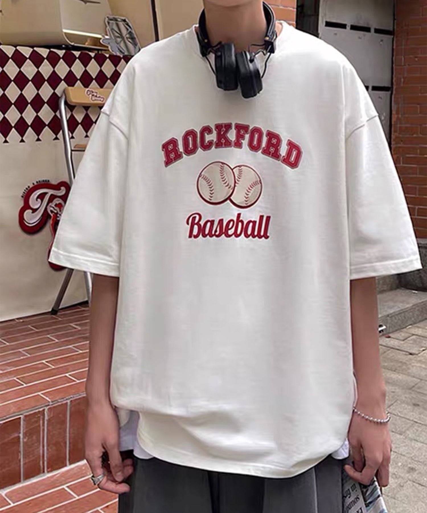 韓国ストリート ビッグシルエット ベースボールプリントTシャツ