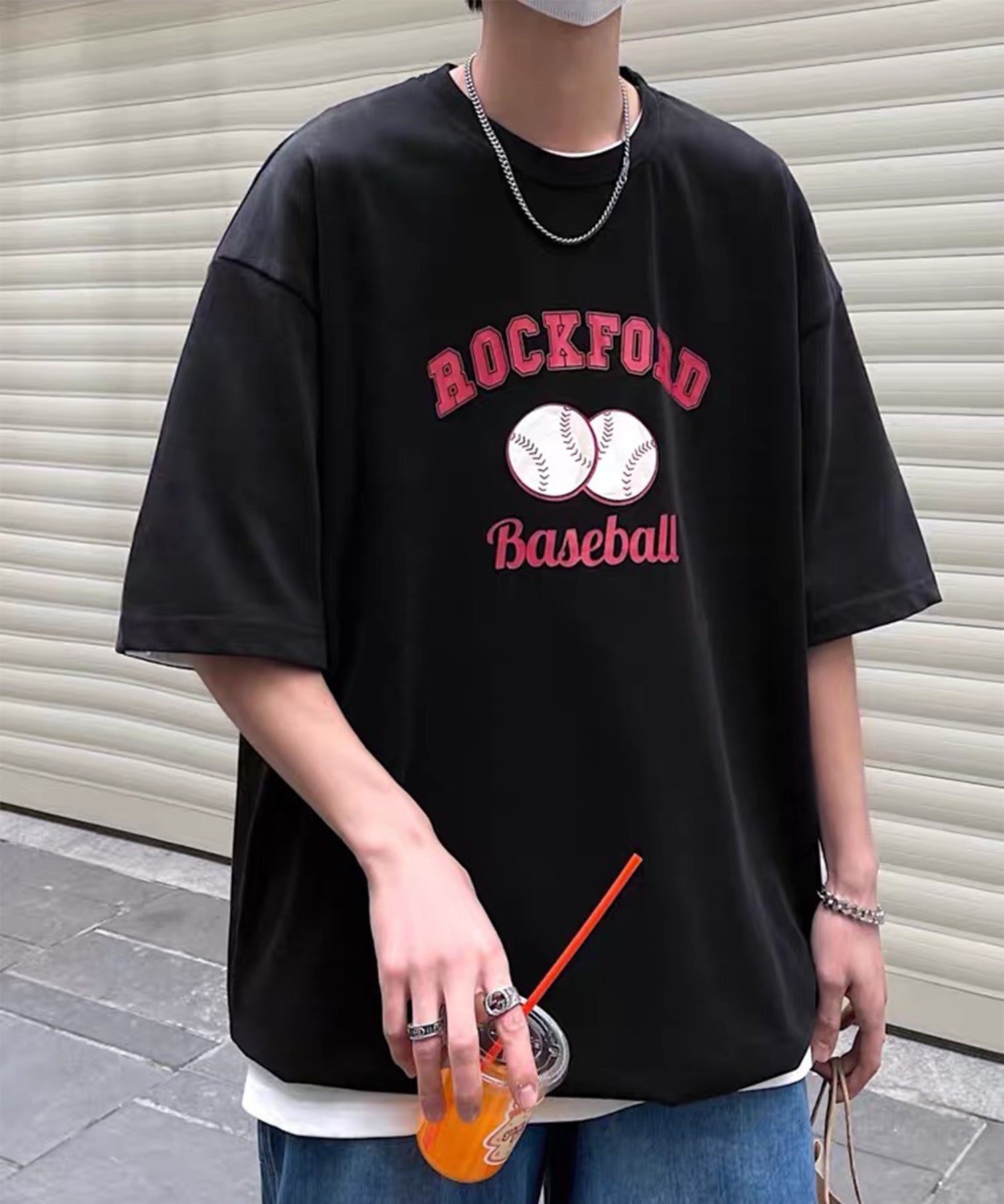 韓国ストリート ビッグシルエット ベースボールプリントTシャツ