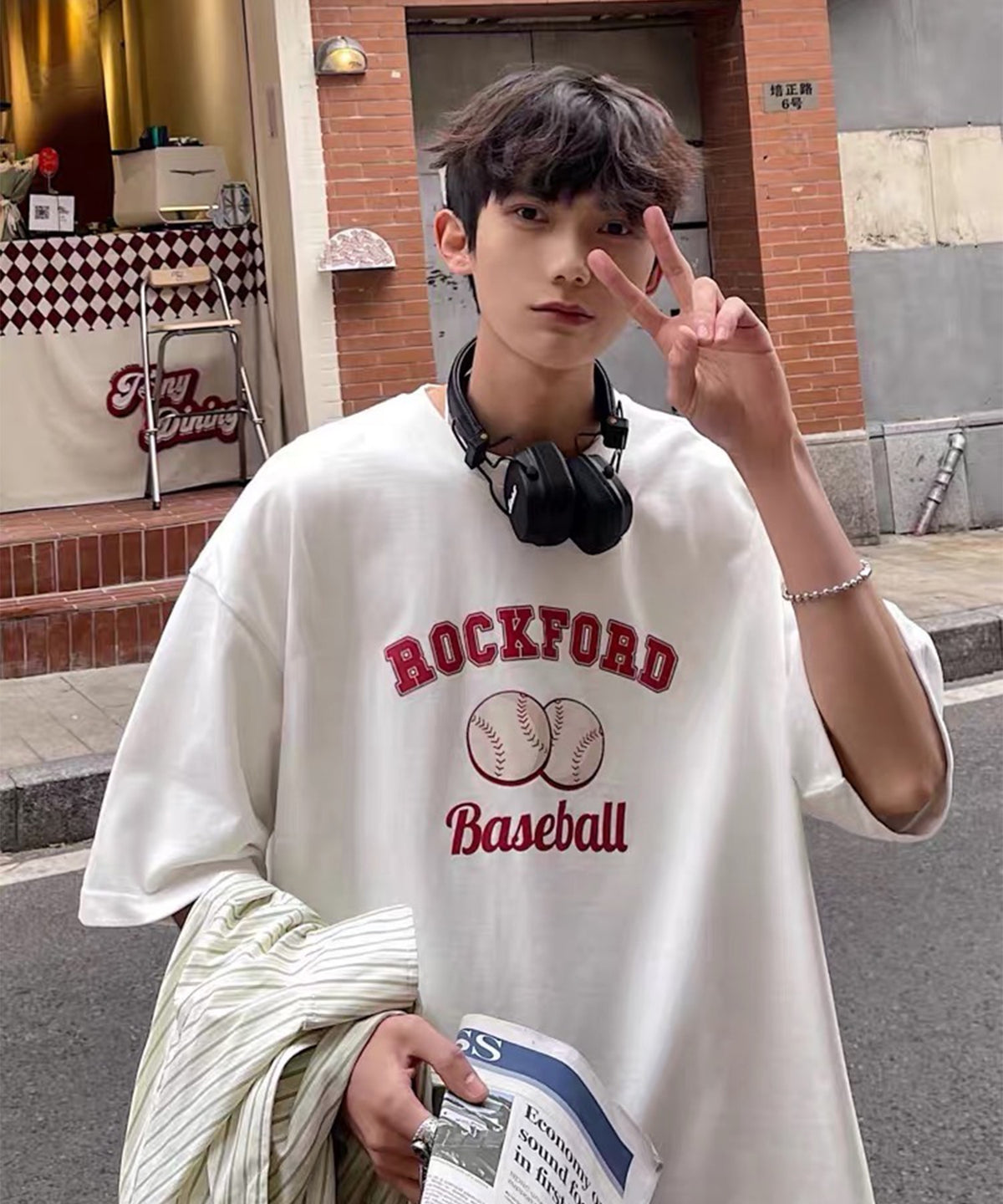 韓国ストリート ビッグシルエット ベースボールプリントTシャツ