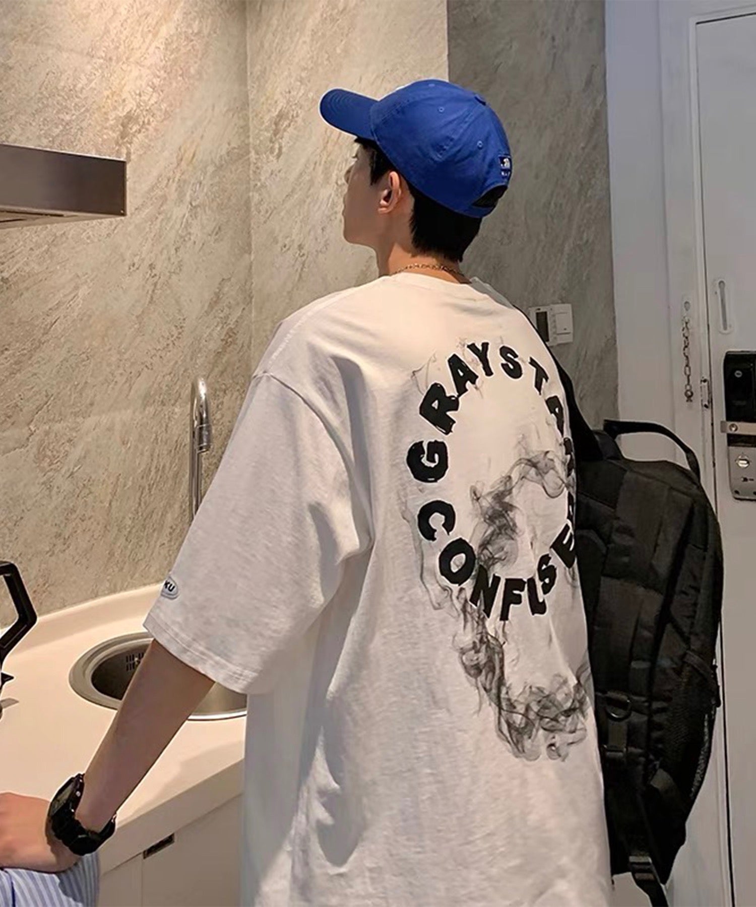 韓国ストリート ビッグシルエット サークルロゴ バックプリントTシャツ