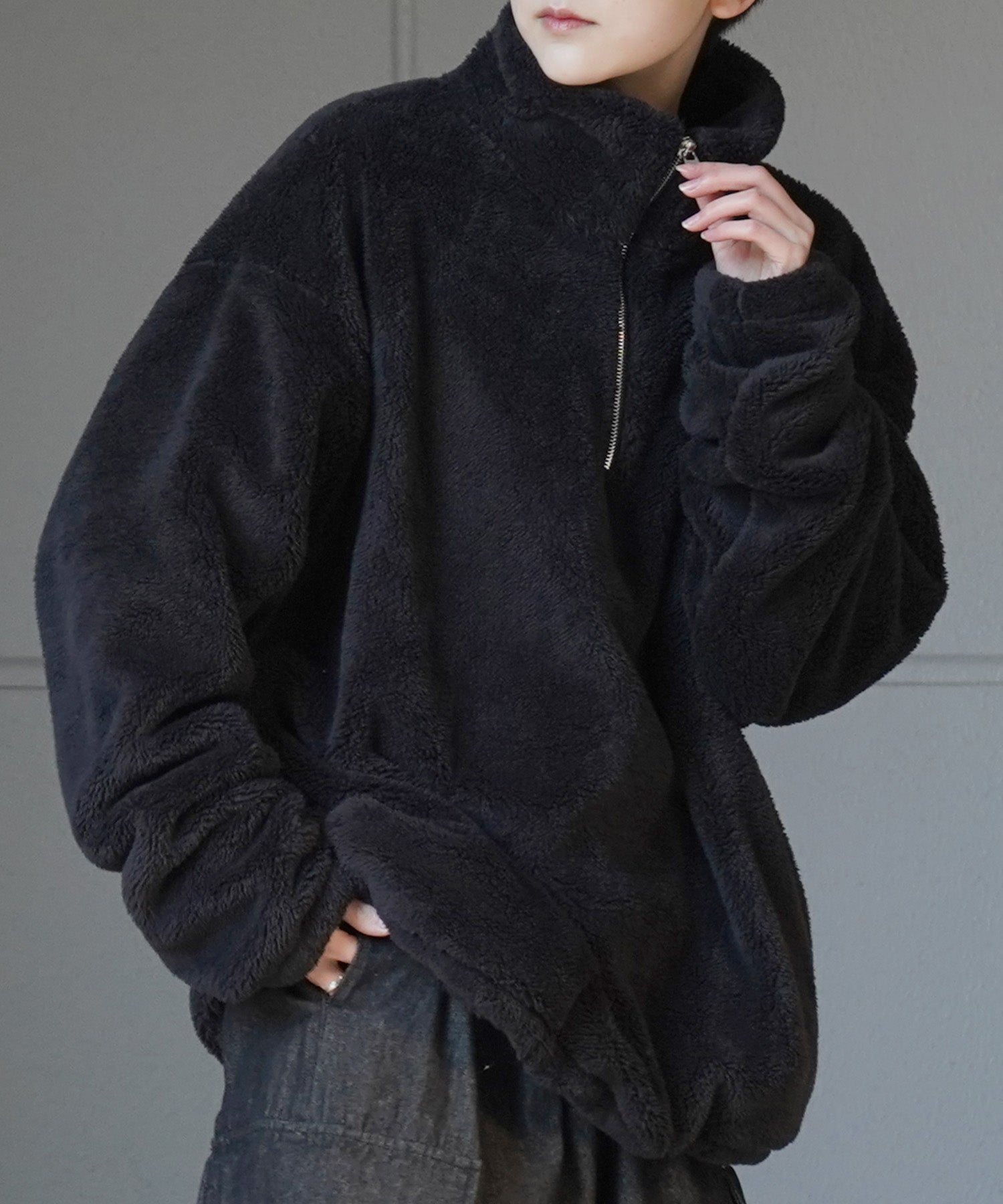 ビッグシルエット シャギーボア ハーフジッププルオーバー