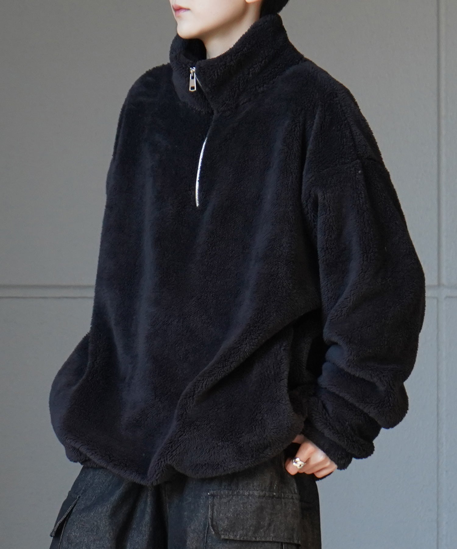 ビッグシルエット シャギーボア ハーフジッププルオーバー