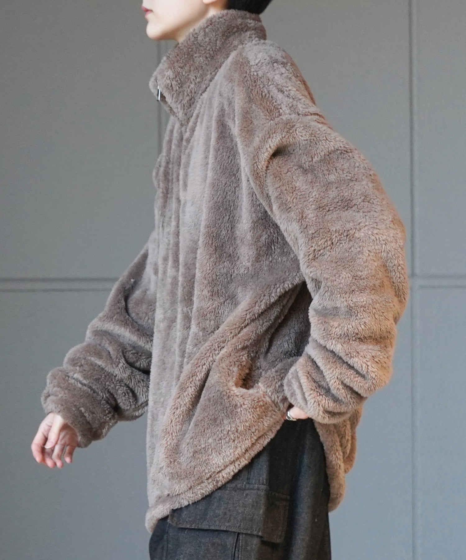 ビッグシルエット シャギーボア ハーフジッププルオーバー