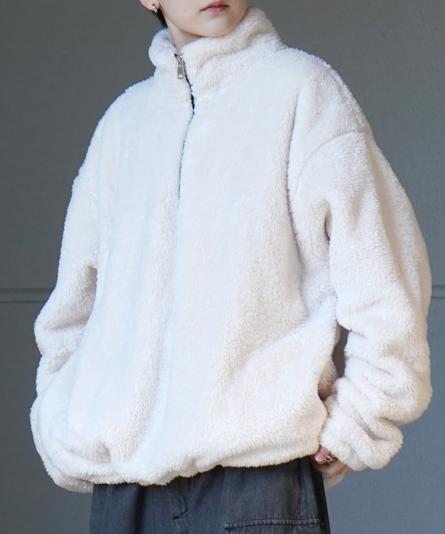 ビッグシルエット シャギーボア ハーフジッププルオーバー