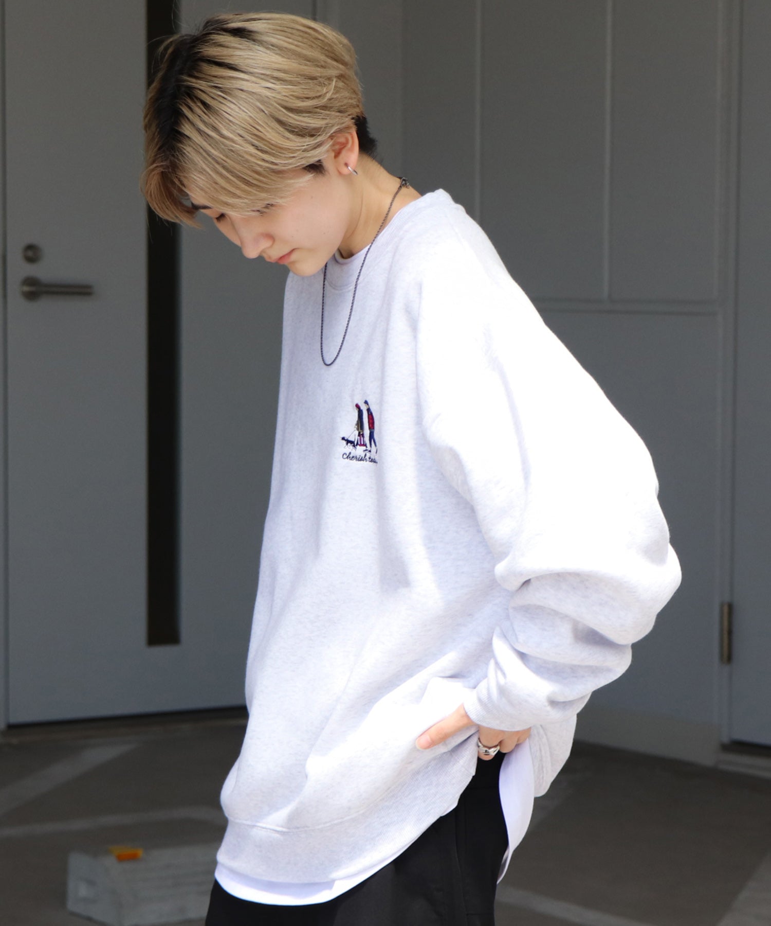 ウォーキング刺繡B ワンポイント刺繍ロゴ ビッグシルエット プルオーバースウェット