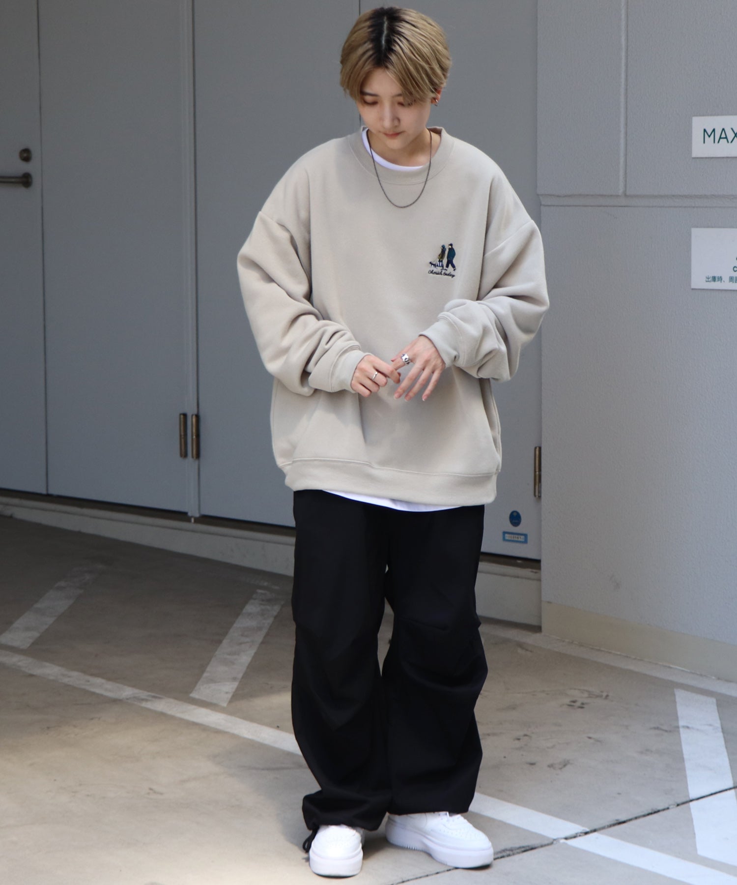 ウォーキング刺繡B ワンポイント刺繍ロゴ ビッグシルエット プルオーバースウェット