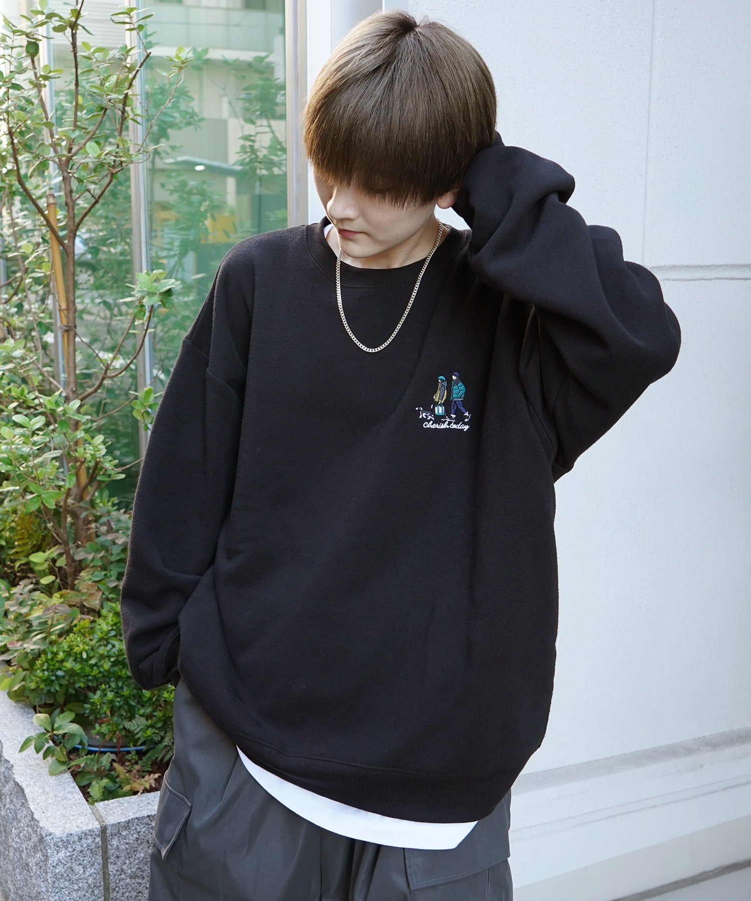 ウォーキング刺繡B ワンポイント刺繍ロゴ ビッグシルエット プルオーバースウェット