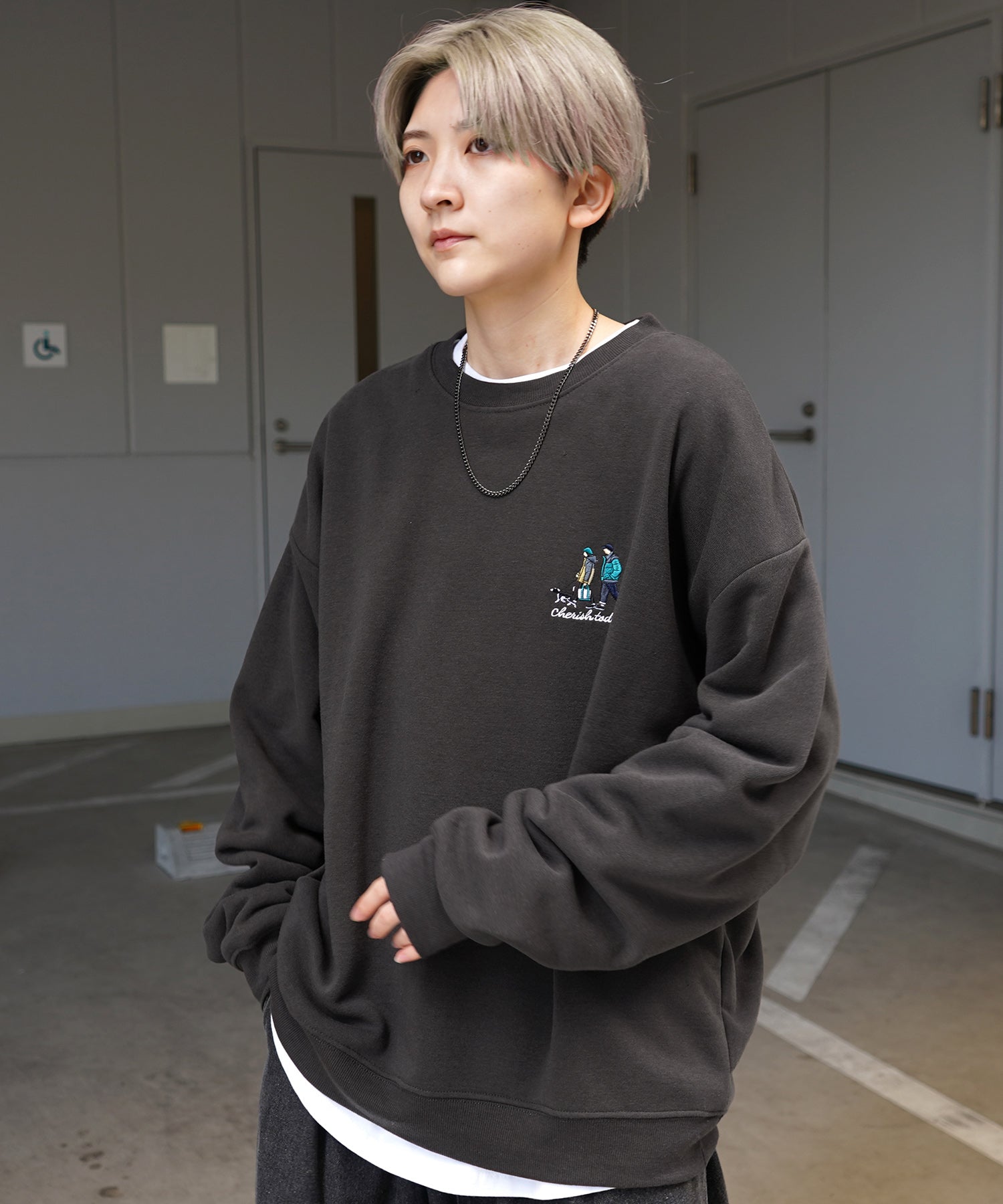 ウォーキング刺繡B ワンポイント刺繍ロゴ ビッグシルエット プルオーバースウェット