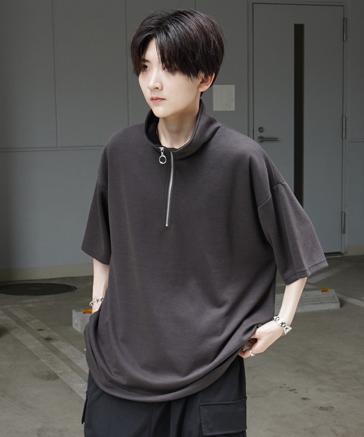 25SS ナチュラルドレープ とろみポンチ ルーズシルエット ドロスト ハーフジップ半袖Tシャツ