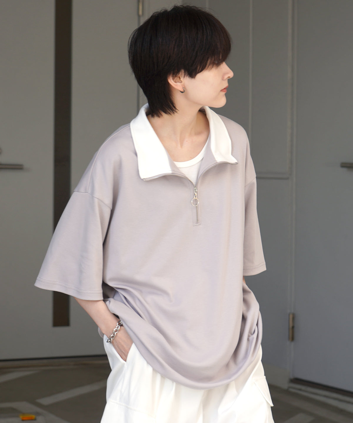 25SS ナチュラルドレープ とろみポンチ ルーズシルエット ドロスト ハーフジップ半袖Tシャツ