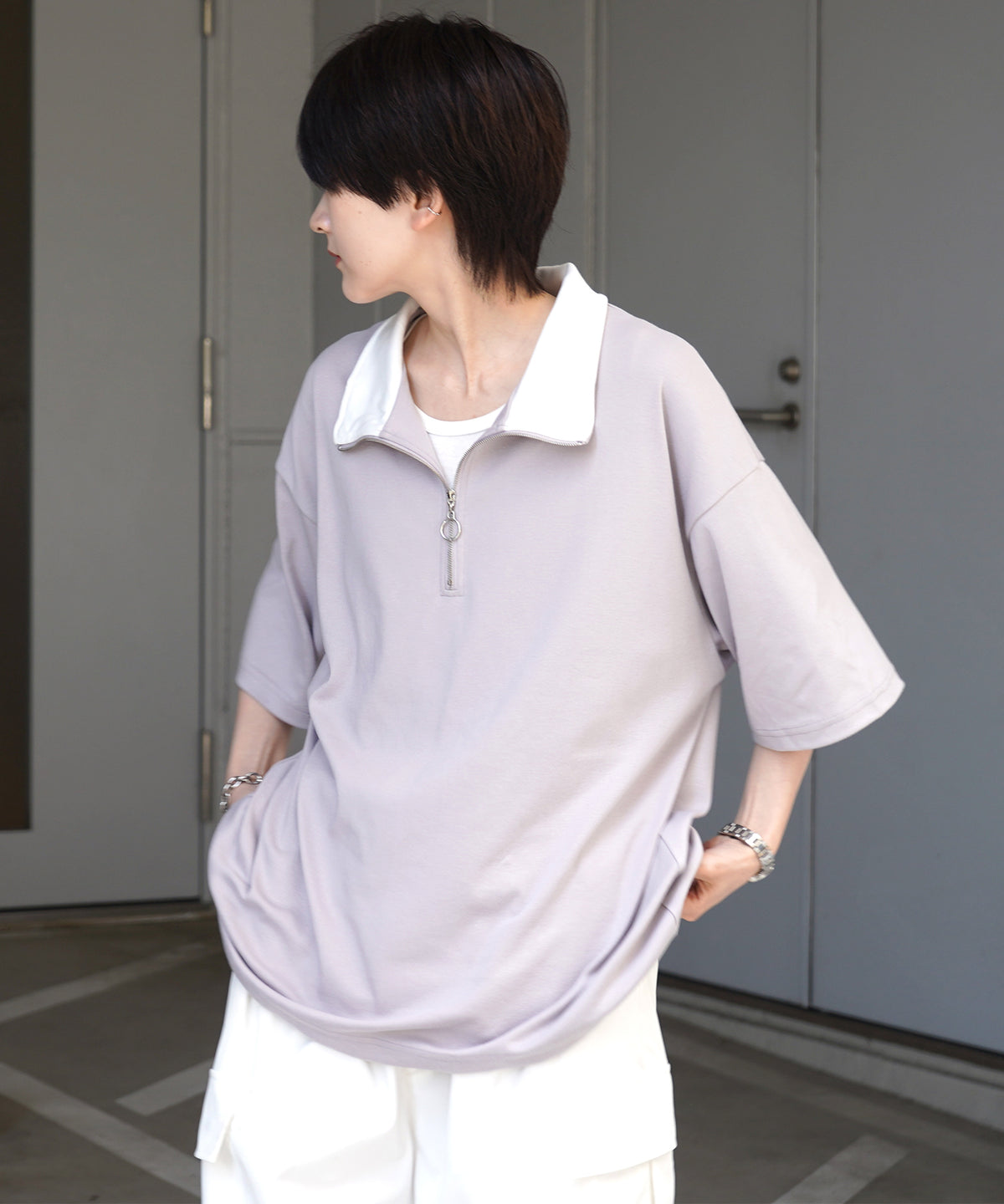 25SS ナチュラルドレープ とろみポンチ ルーズシルエット ドロスト ハーフジップ半袖Tシャツ