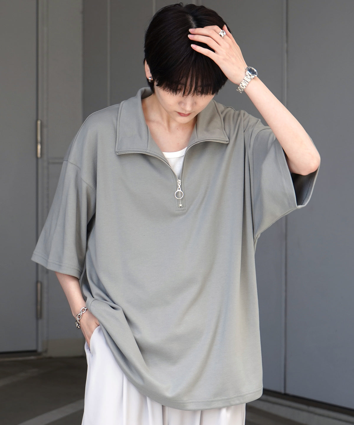 25SS ナチュラルドレープ とろみポンチ ルーズシルエット ドロスト ハーフジップ半袖Tシャツ