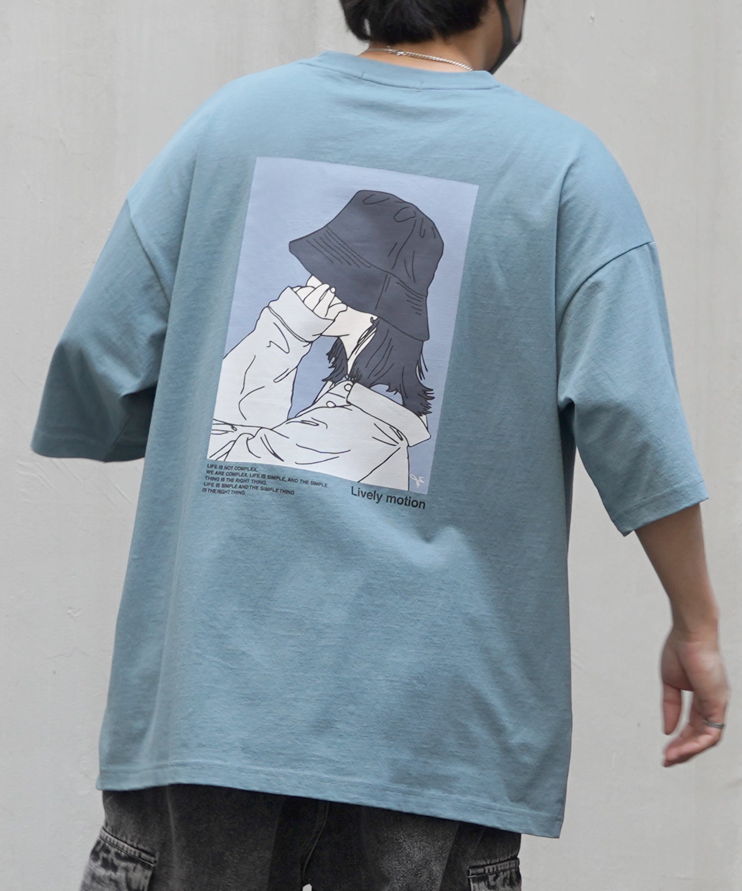 バケットガール イラストバックプリント / ワンポイント刺繍 ビッグシルエット半袖Tシャツ