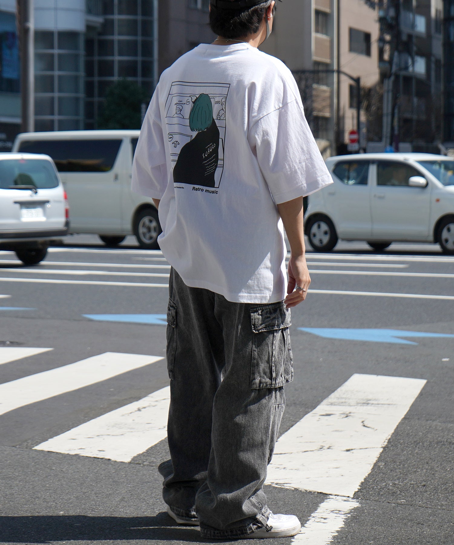 24SS レコードガール イラストバックプリント / ワンポイント刺繍 ビッグシルエット半袖Tシャツ