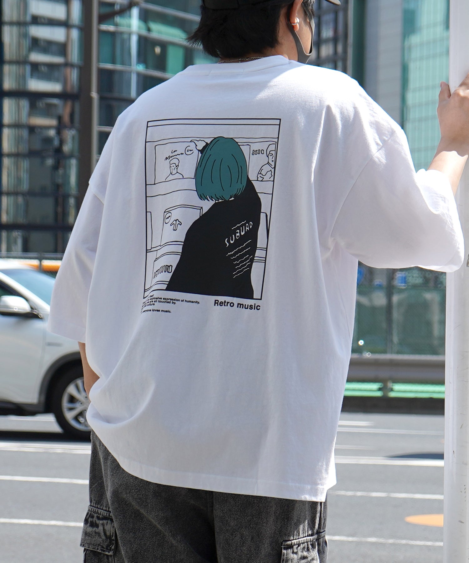 24SS レコードガール イラストバックプリント / ワンポイント刺繍 ビッグシルエット半袖Tシャツ