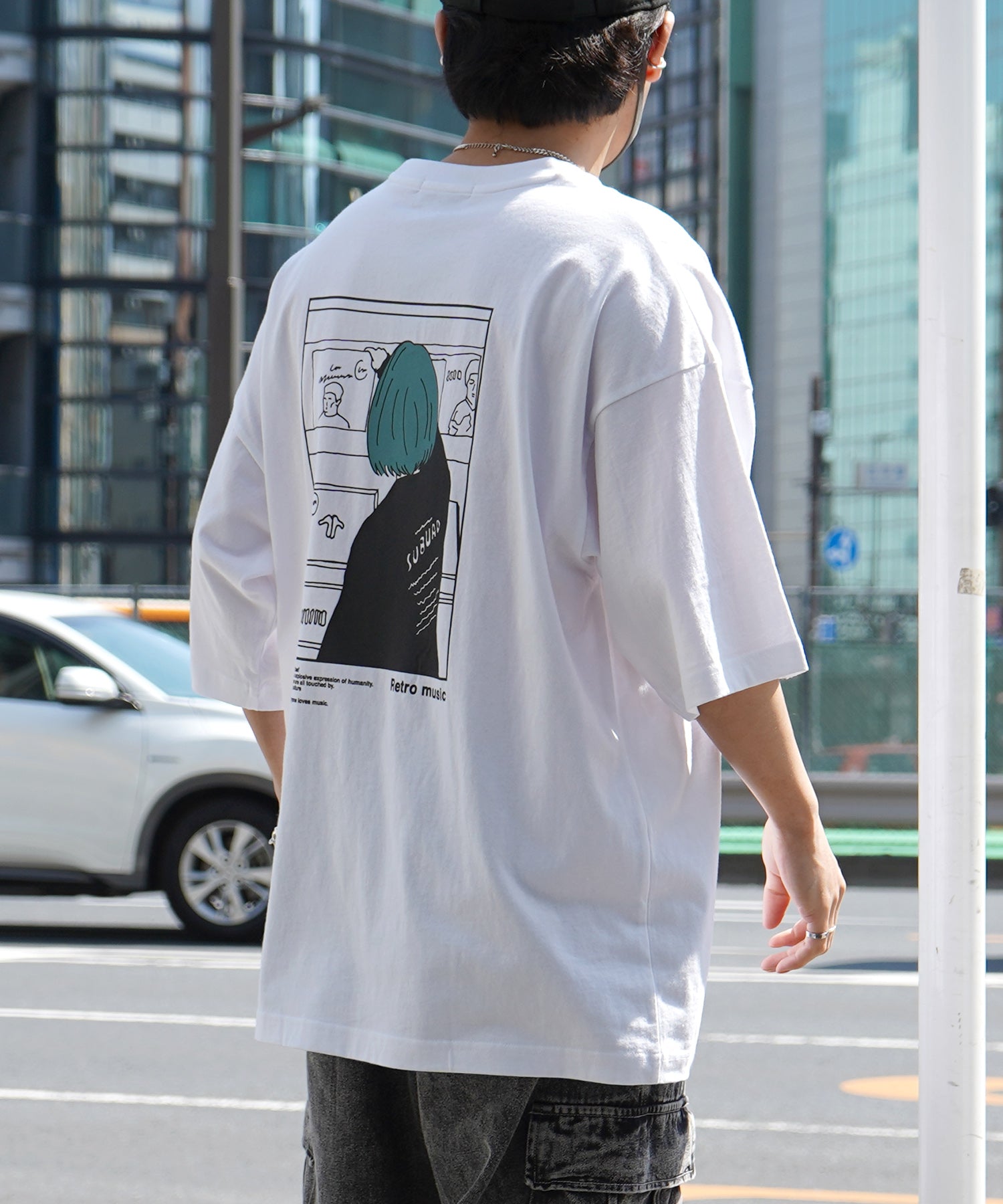 24SS レコードガール イラストバックプリント / ワンポイント刺繍 ビッグシルエット半袖Tシャツ