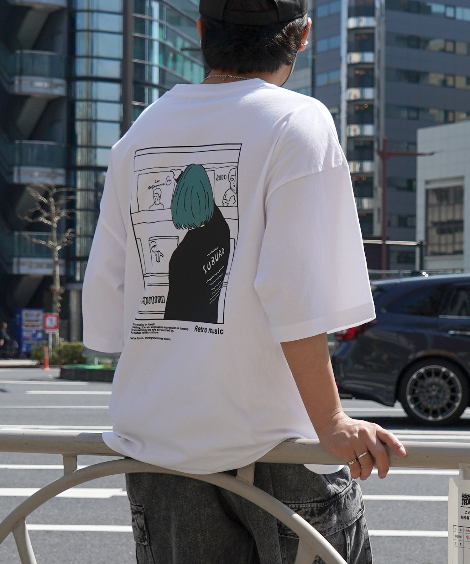 24SS レコードガール イラストバックプリント / ワンポイント刺繍 ビッグシルエット半袖Tシャツ