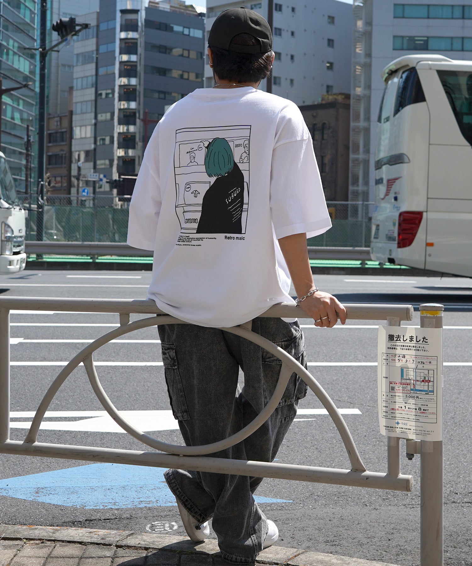 24SS レコードガール イラストバックプリント / ワンポイント刺繍 ビッグシルエット半袖Tシャツ