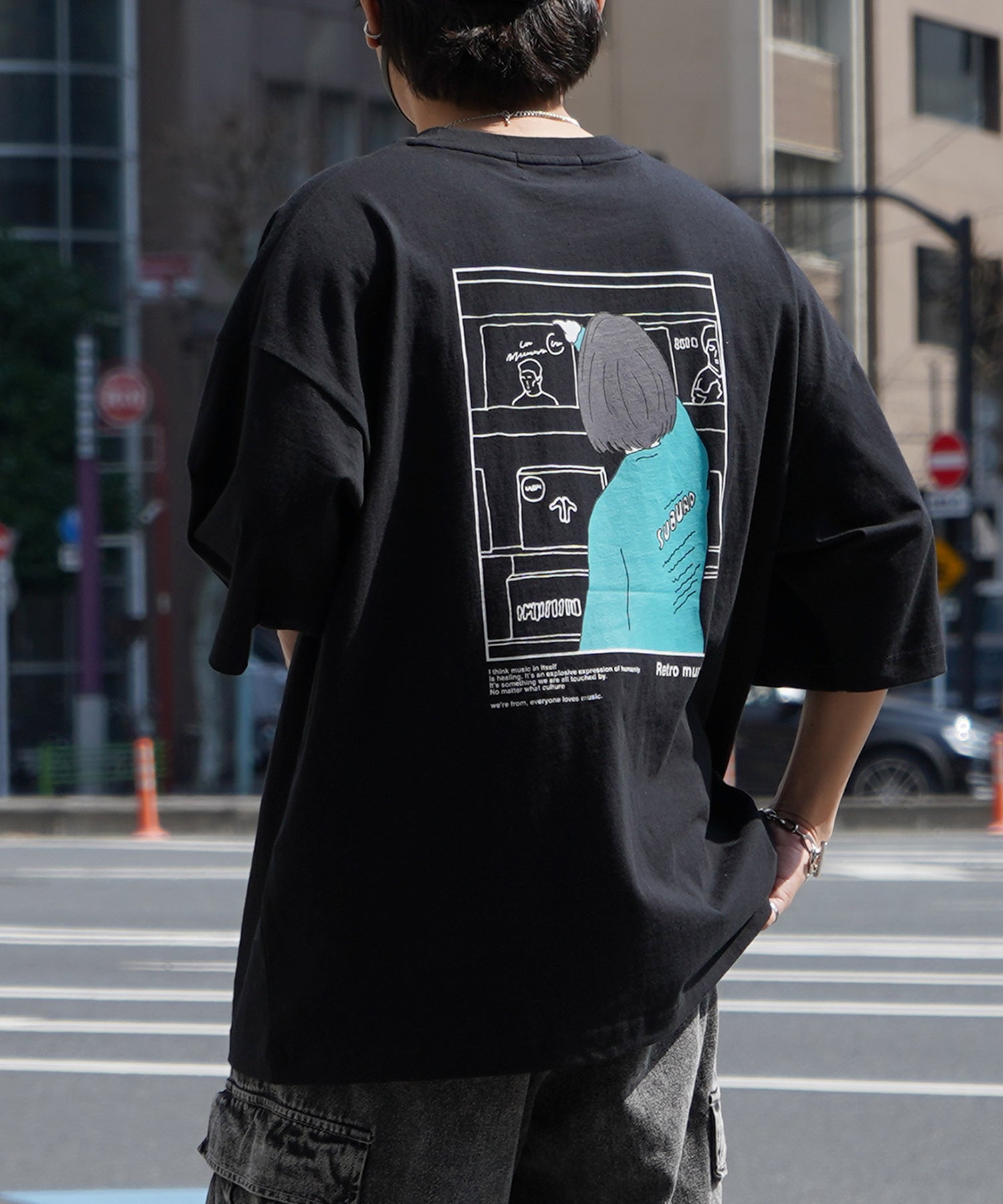 24SS レコードガール イラストバックプリント / ワンポイント刺繍 ビッグシルエット半袖Tシャツ