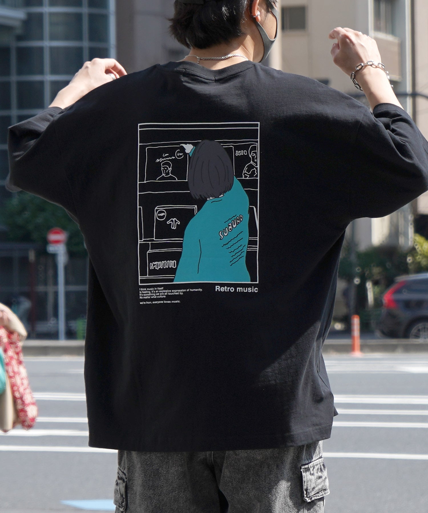 24SS レコードガール イラストバックプリント / ワンポイント刺繍 ビッグシルエット半袖Tシャツ