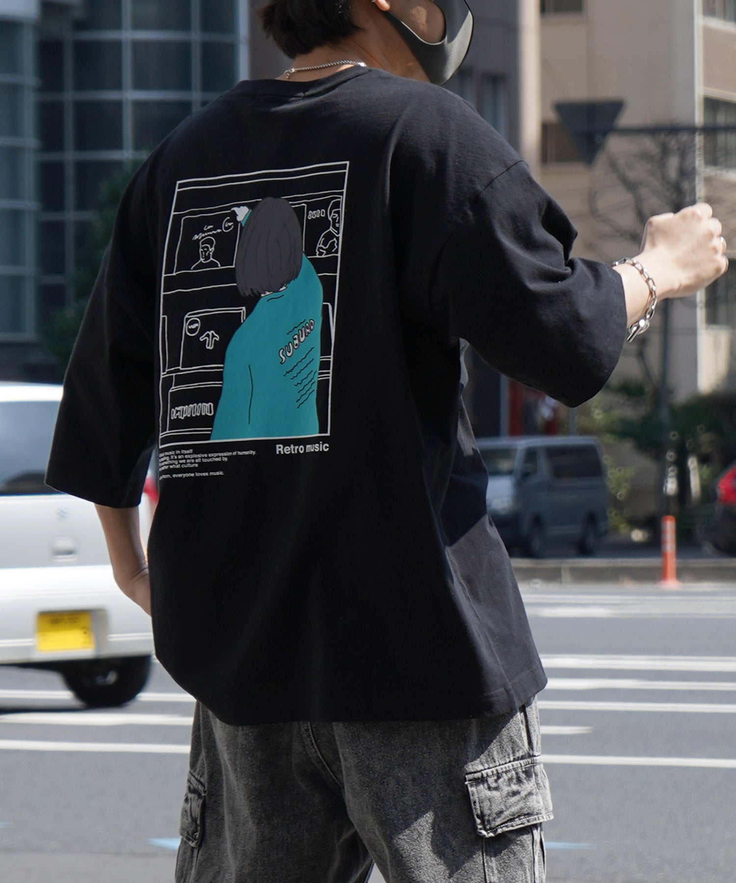 24SS レコードガール イラストバックプリント / ワンポイント刺繍 ビッグシルエット半袖Tシャツ