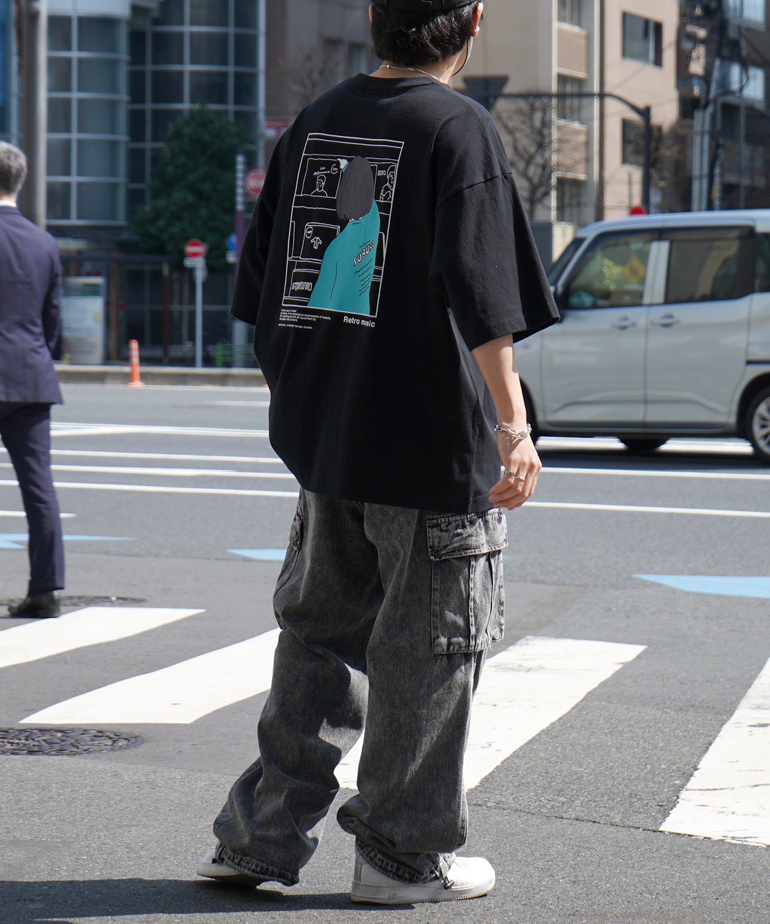 24SS レコードガール イラストバックプリント / ワンポイント刺繍 ビッグシルエット半袖Tシャツ