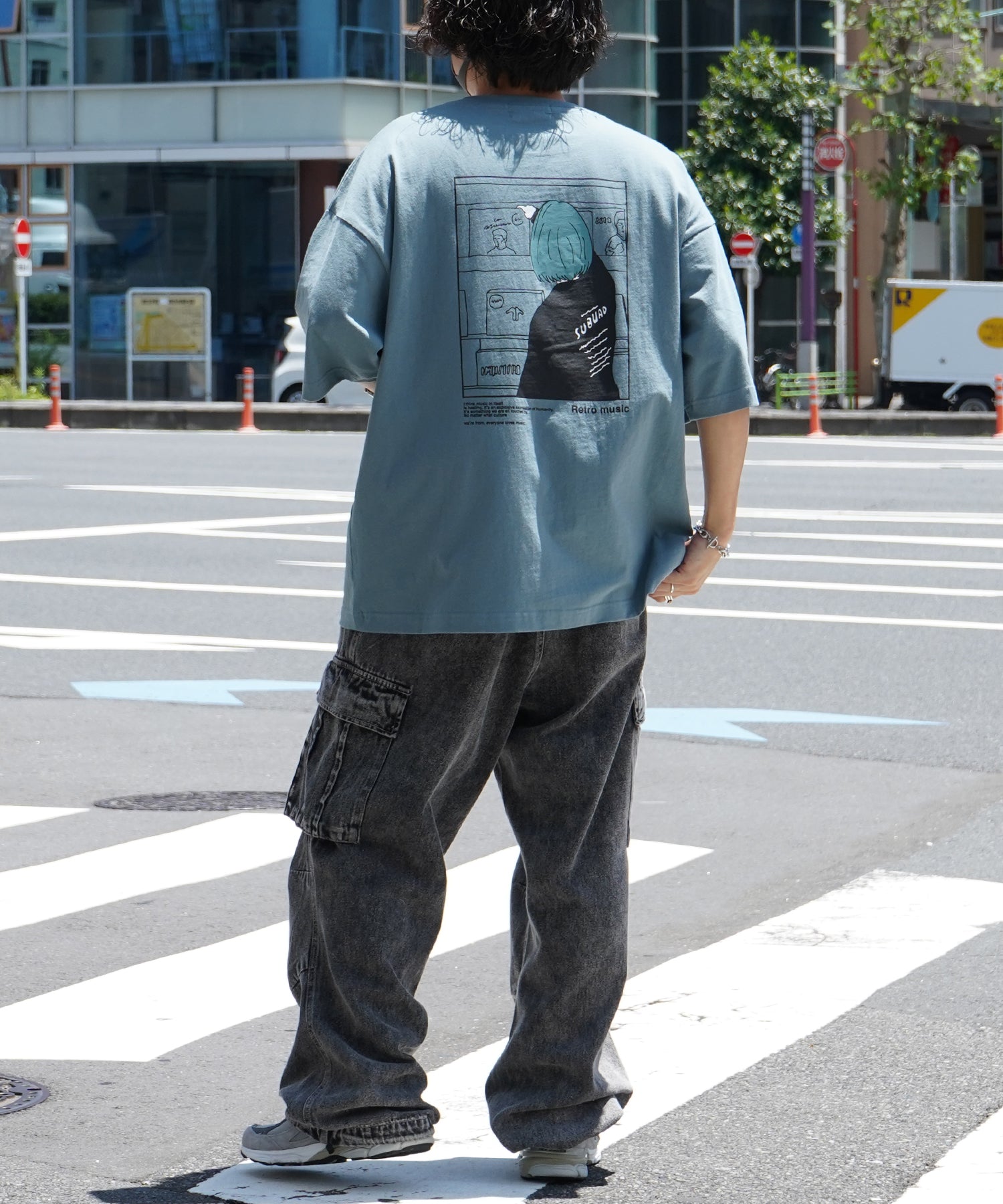 24SS レコードガール イラストバックプリント / ワンポイント刺繍 ビッグシルエット半袖Tシャツ