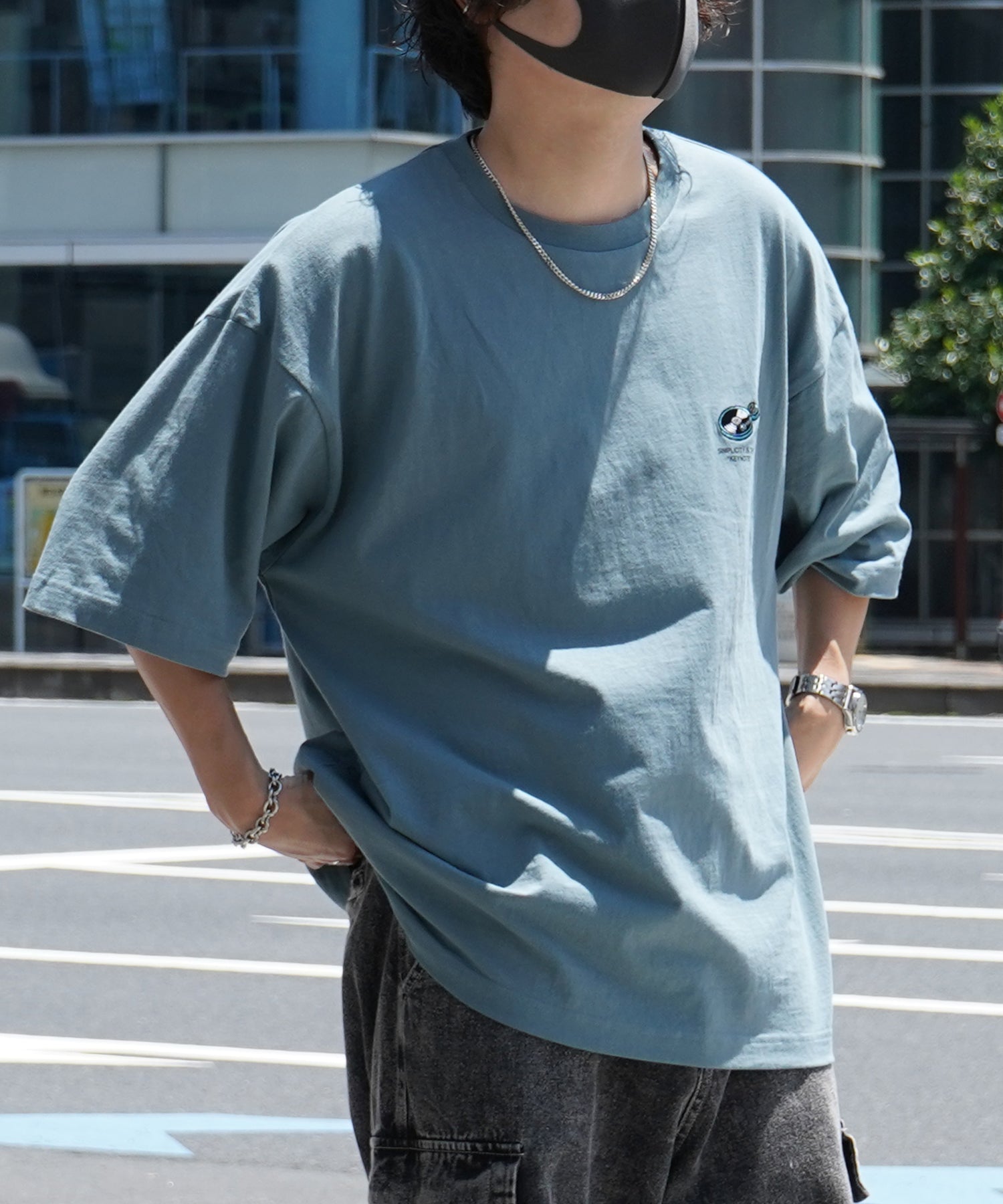 24SS レコードガール イラストバックプリント / ワンポイント刺繍 ビッグシルエット半袖Tシャツ