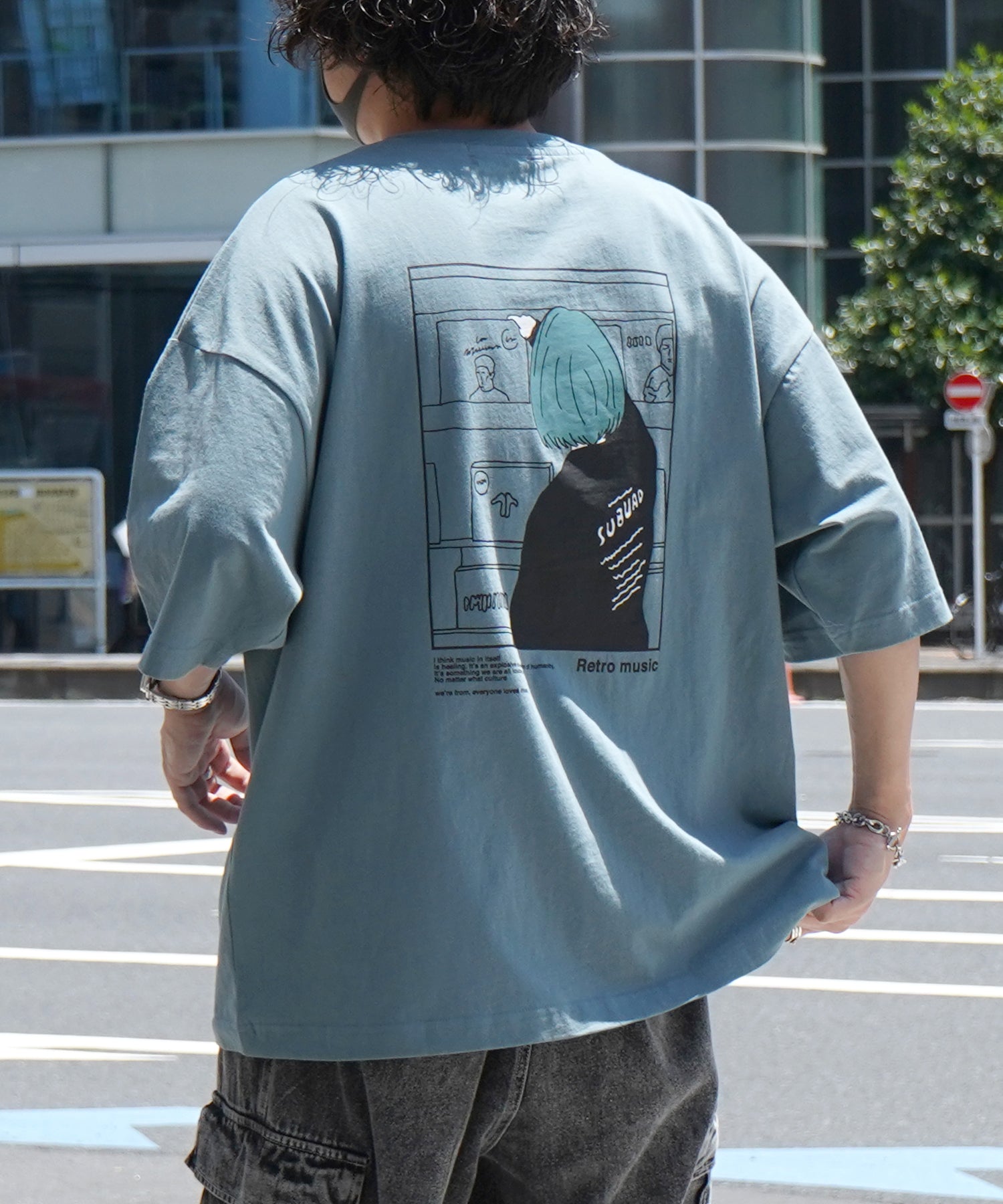 24SS レコードガール イラストバックプリント / ワンポイント刺繍 ビッグシルエット半袖Tシャツ