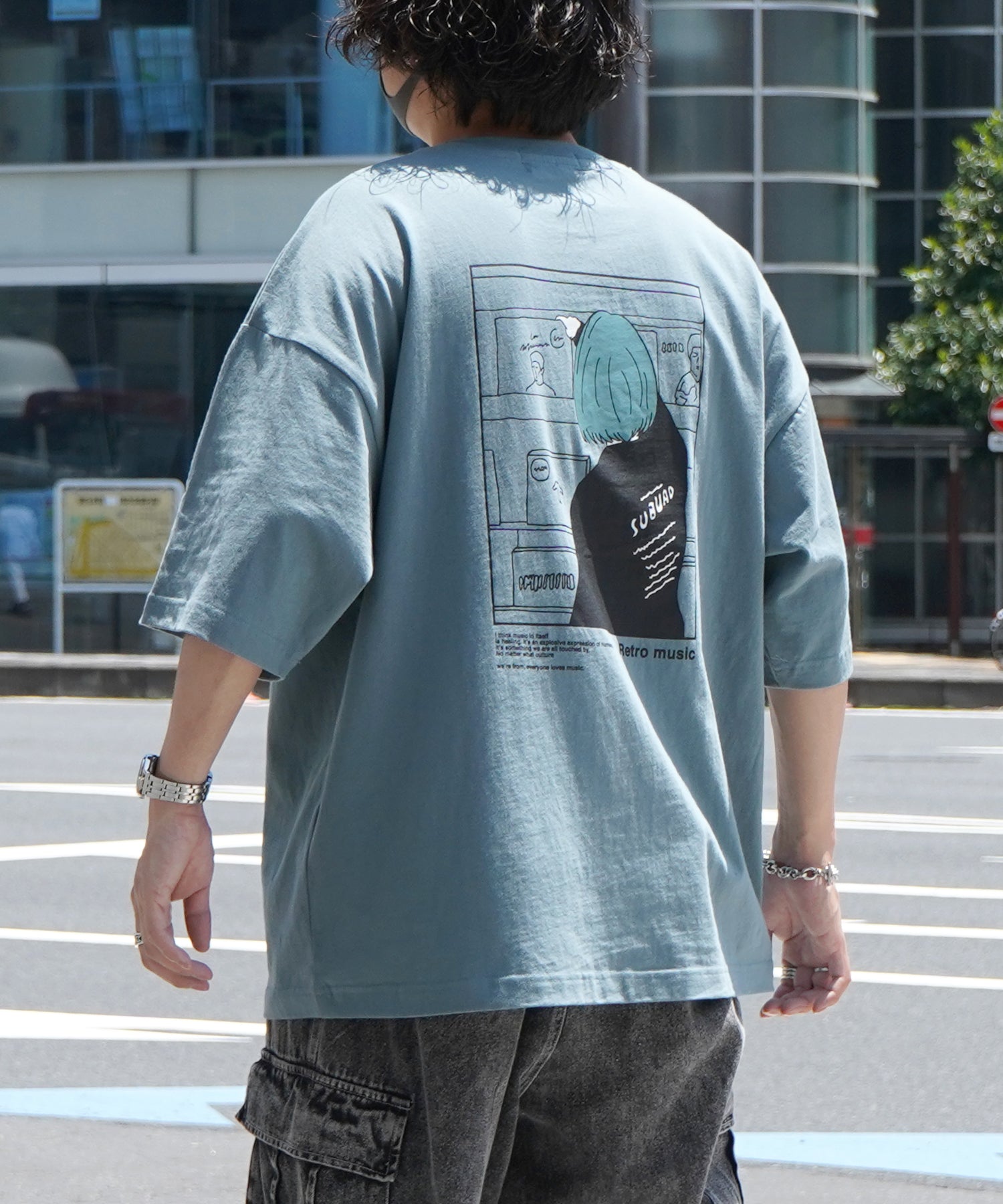 24SS レコードガール イラストバックプリント / ワンポイント刺繍 ビッグシルエット半袖Tシャツ