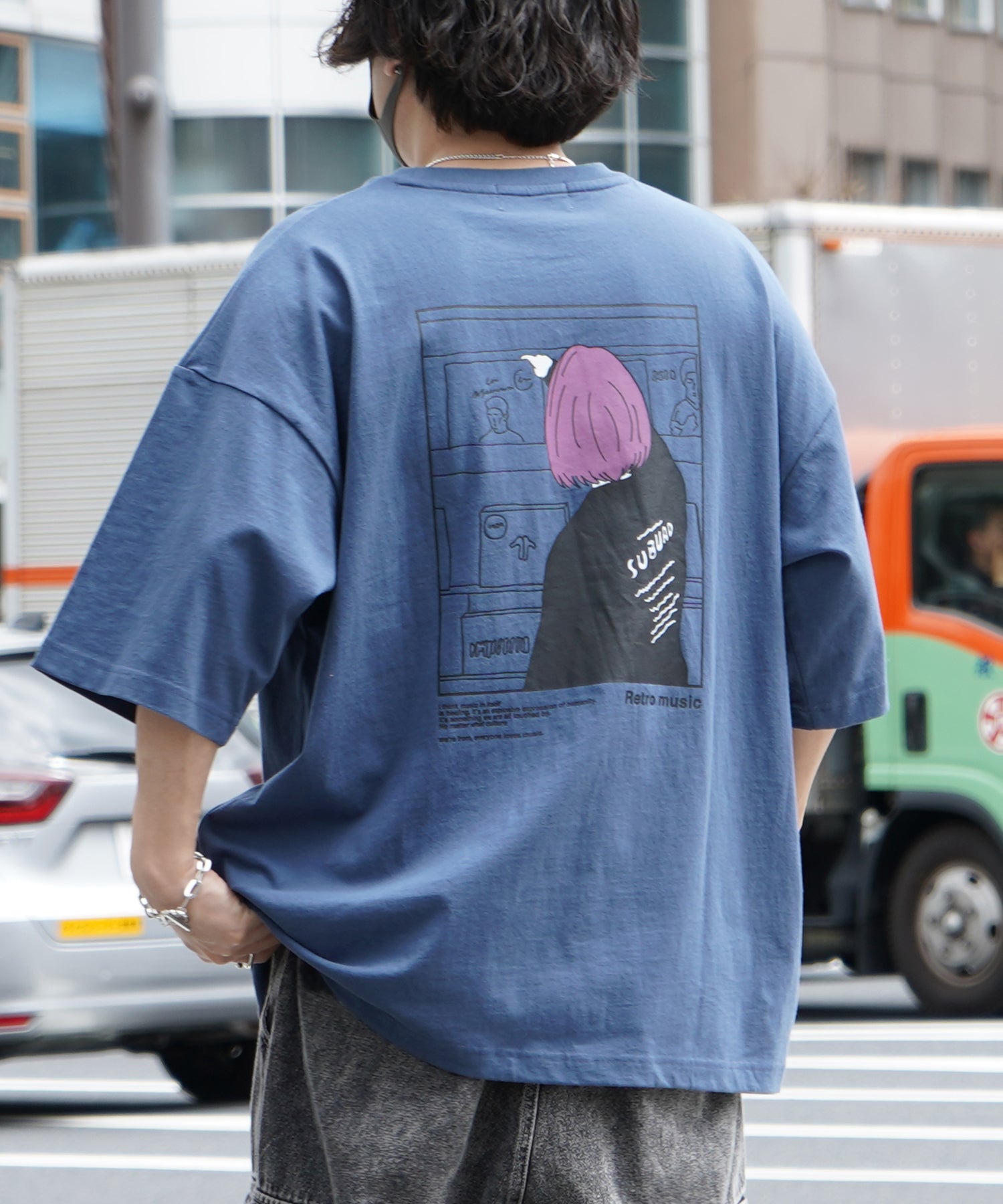 24SS レコードガール イラストバックプリント / ワンポイント刺繍 ビッグシルエット半袖Tシャツ