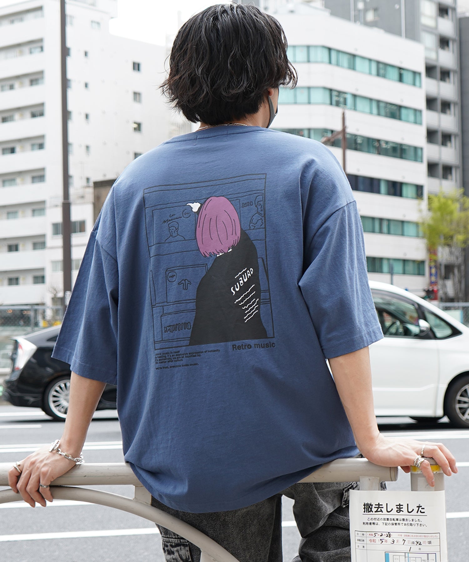 24SS レコードガール イラストバックプリント / ワンポイント刺繍 ビッグシルエット半袖Tシャツ