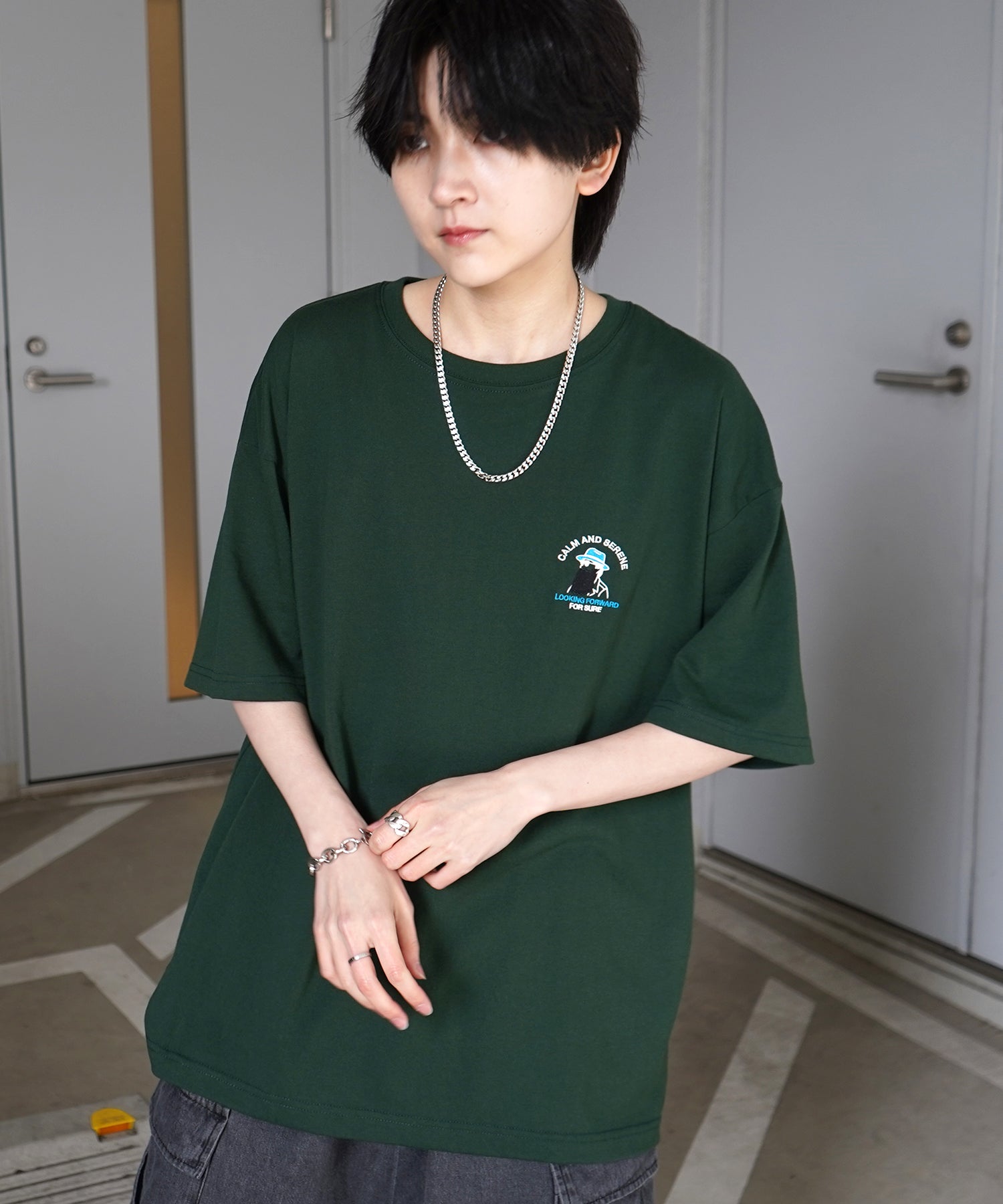 ヒゲオジサンA ワンポイント刺繍ロゴ ビッグシルエット半袖Tシャツ