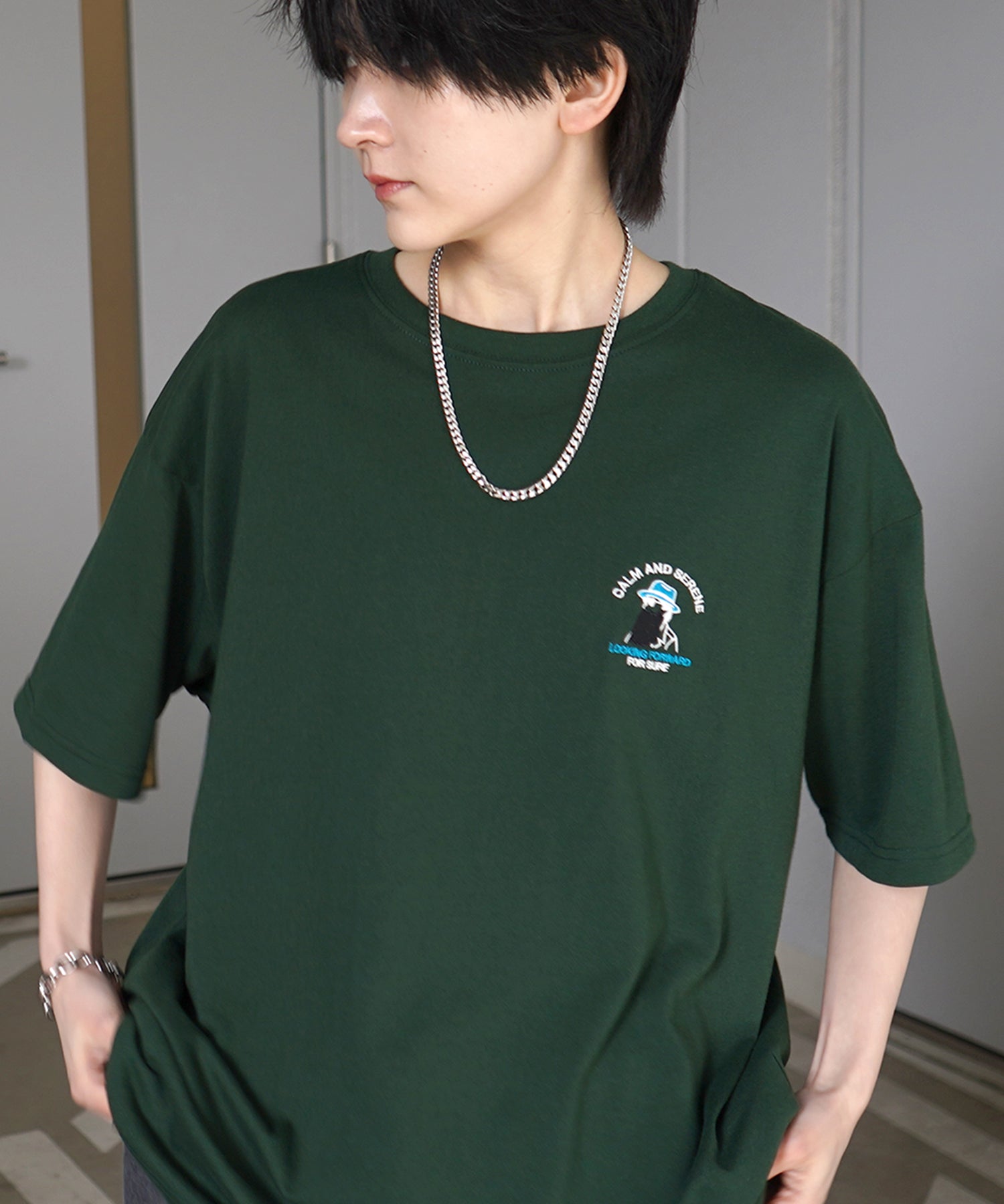 ヒゲオジサンA ワンポイント刺繍ロゴ ビッグシルエット半袖Tシャツ