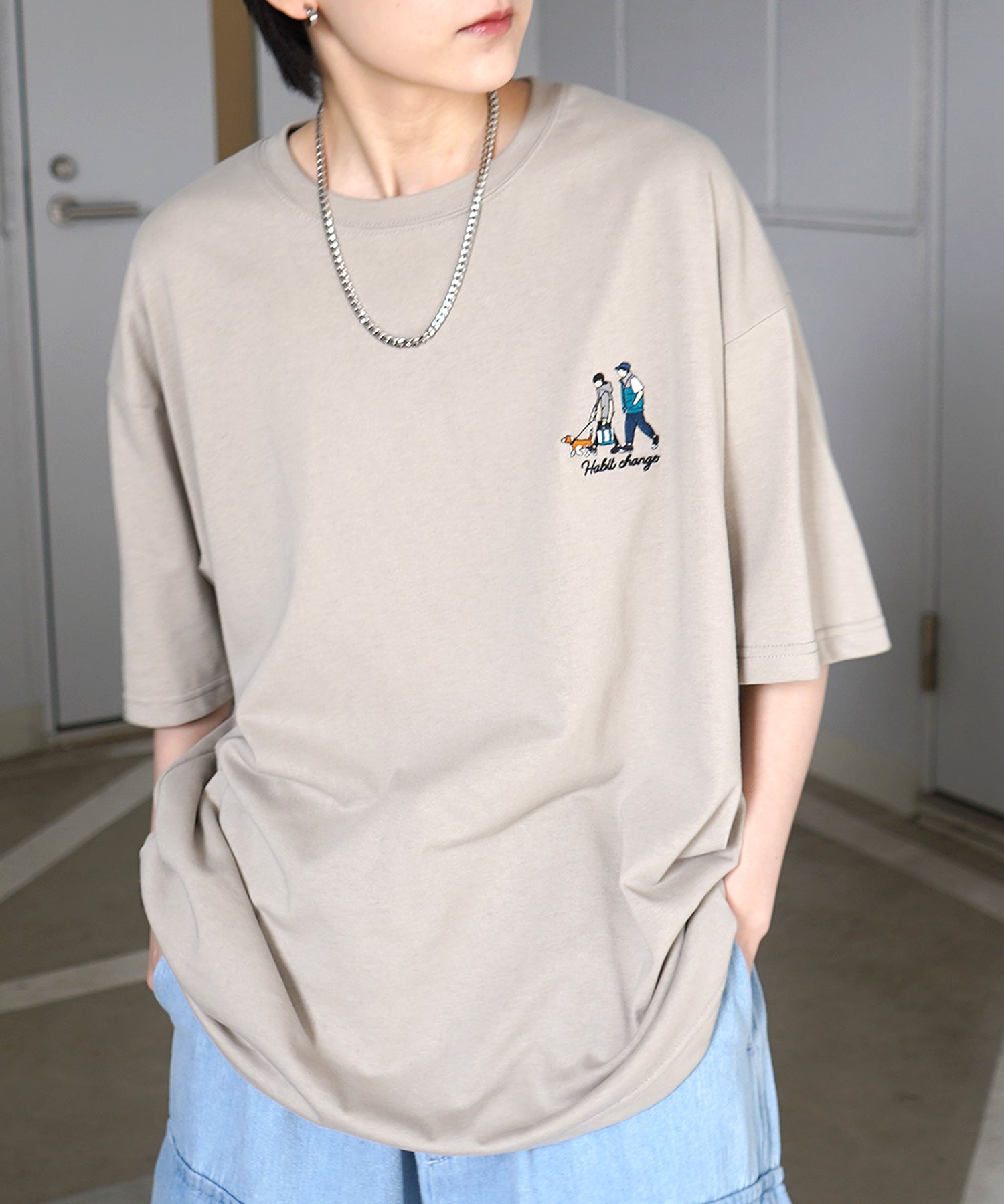 ウォーキングB ワンポイント刺繍ロゴ ビッグシルエット半袖Tシャツ