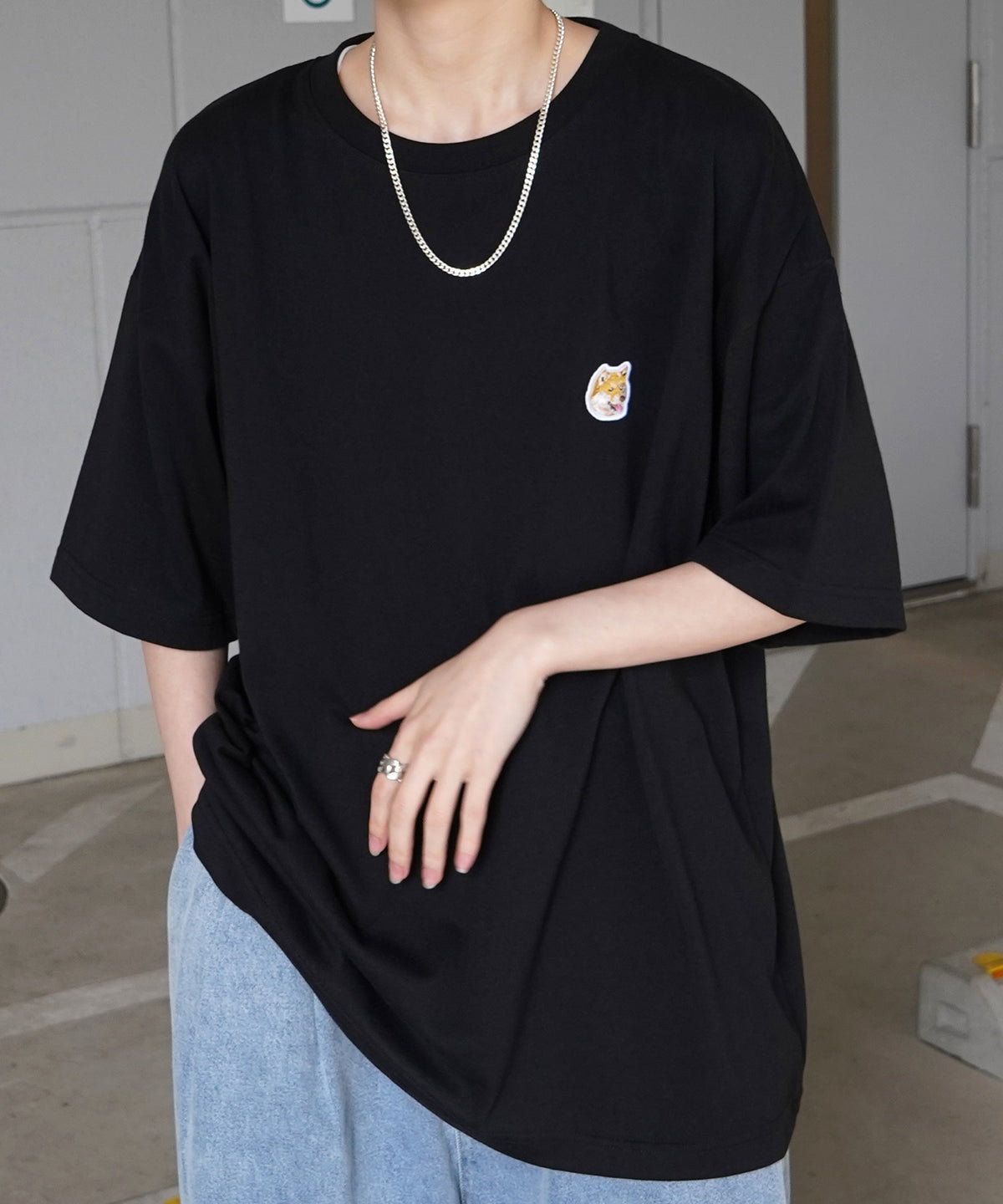 ビッグシルエット いぬ / ねこ 動物ワンポイント刺繍Tシャツ