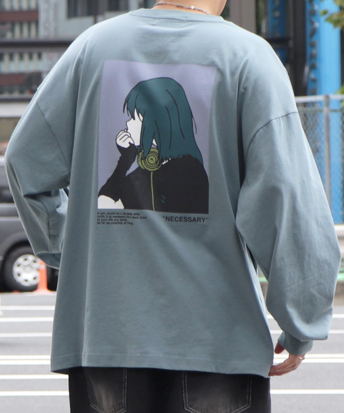 アームカバーガール イラストバックプリント / ワンポイント刺繍 ビッグシルエットロンT