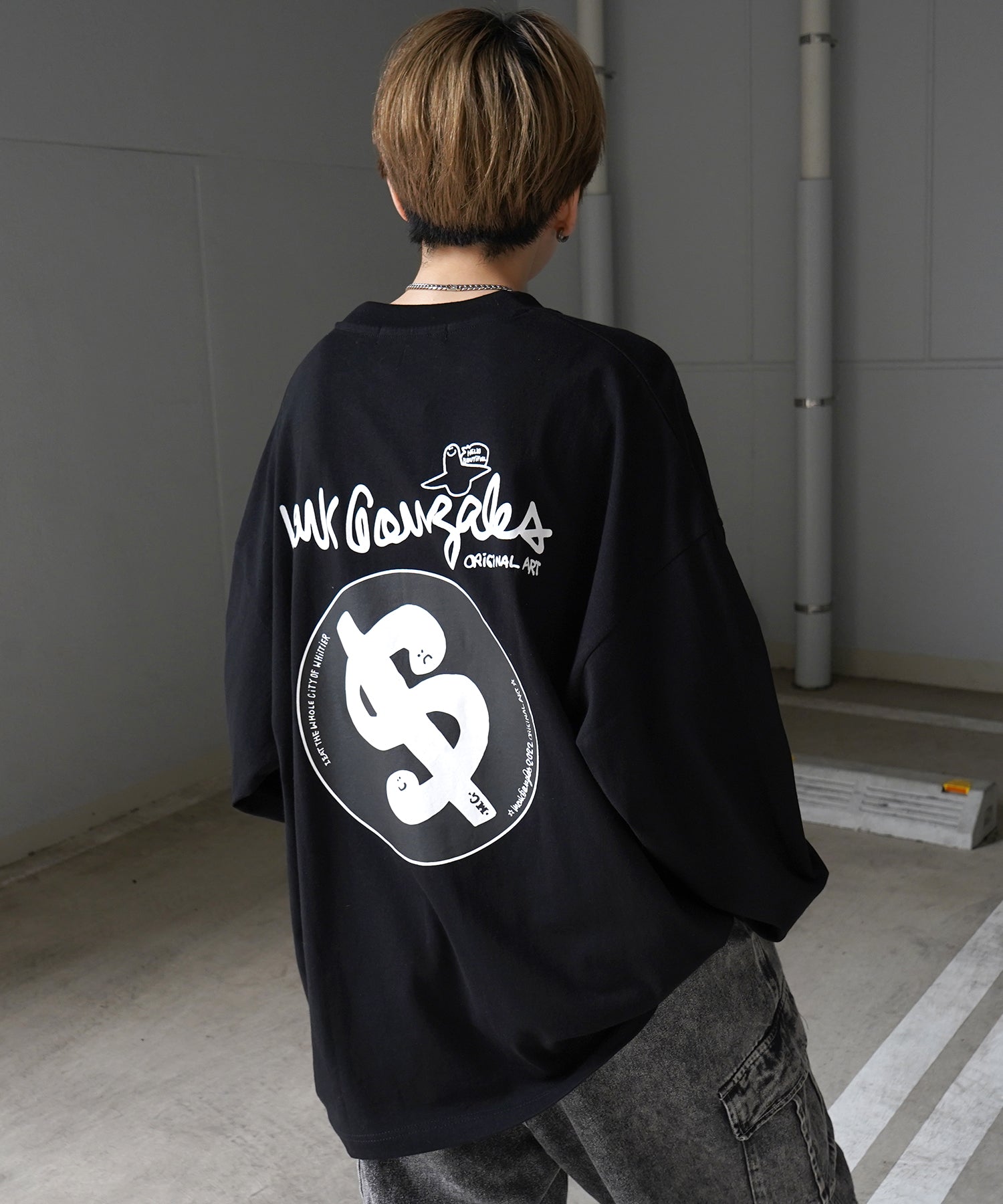【MARK GONZALES ARTWORK COLLECTION / マーク ゴンザレス】ワンポイント刺繍 / バックプリント / 袖プリント ビッグシルエットロンT