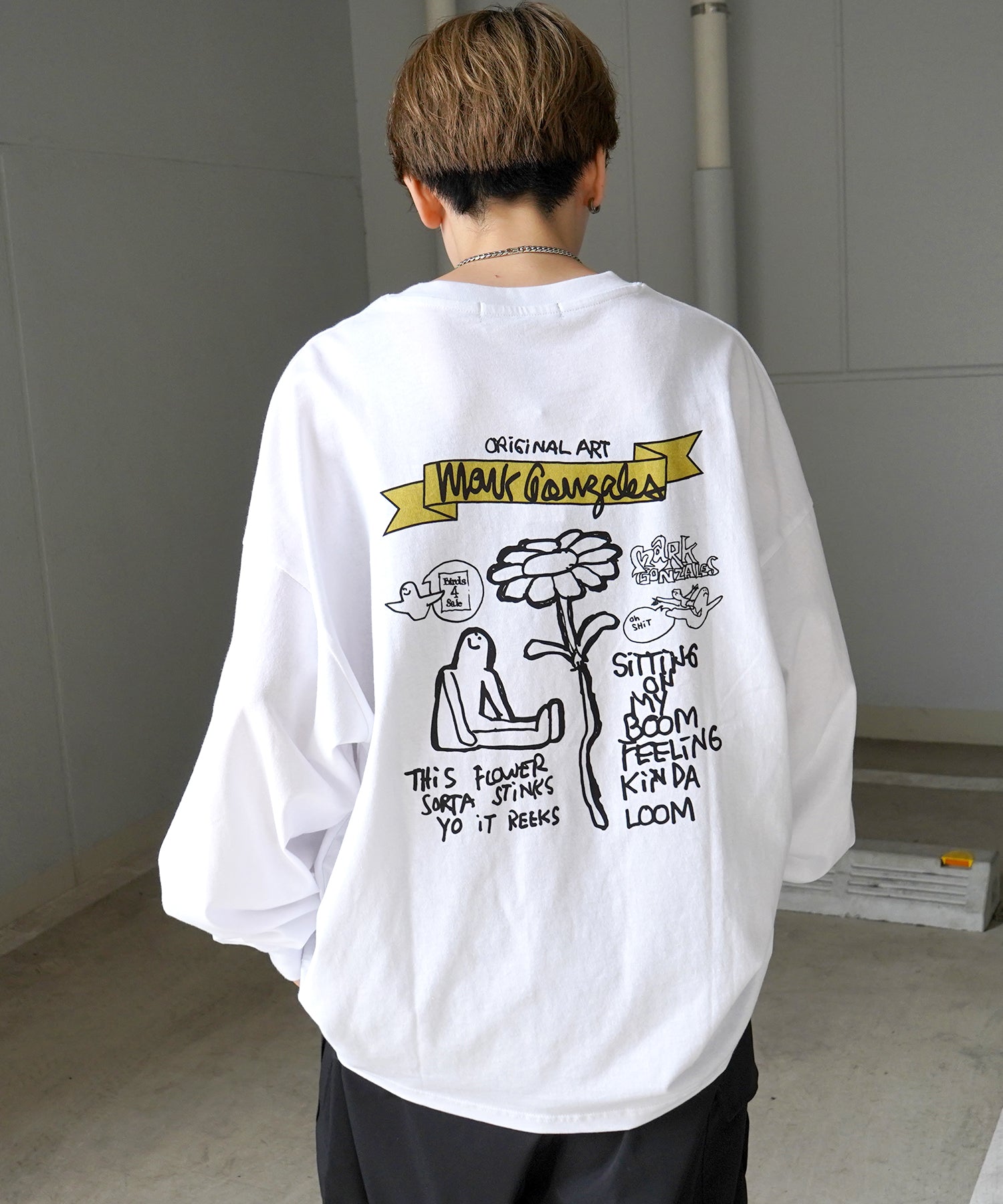 【MARK GONZALES ARTWORK COLLECTION / マーク ゴンザレス】ワンポイント刺繍 / バックプリント / 袖プリント ビッグシルエットロンT