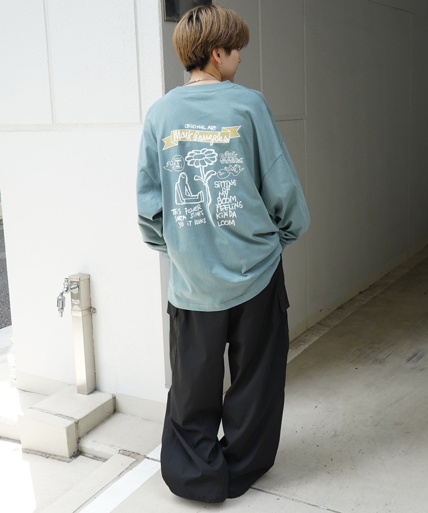 【MARK GONZALES ARTWORK COLLECTION / マーク ゴンザレス】ワンポイント刺繍 / バックプリント / 袖プリント ビッグシルエットロンT