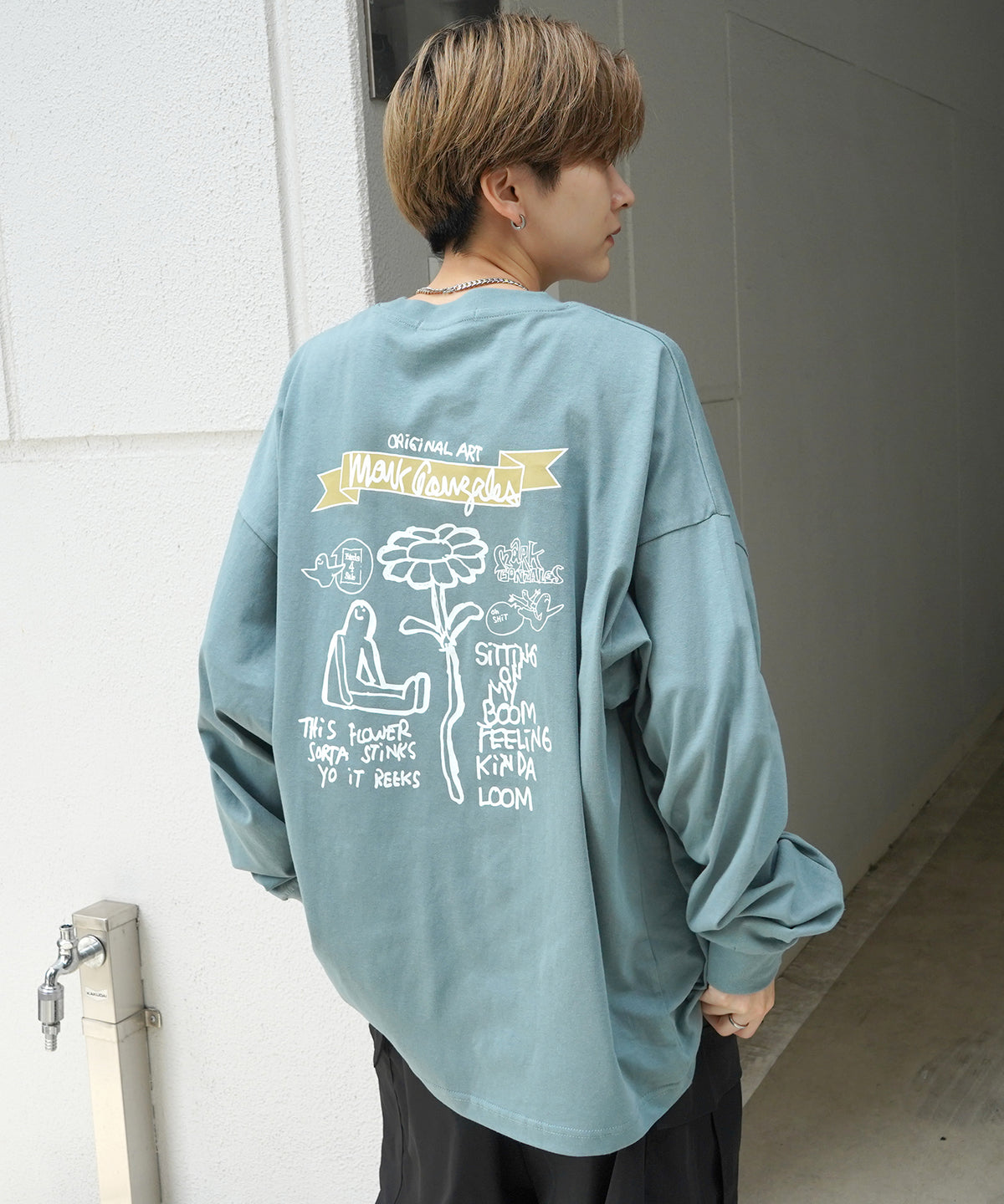 【MARK GONZALES ARTWORK COLLECTION / マーク ゴンザレス】ワンポイント刺繍 / バックプリント / 袖プリント ビッグシルエットロンT